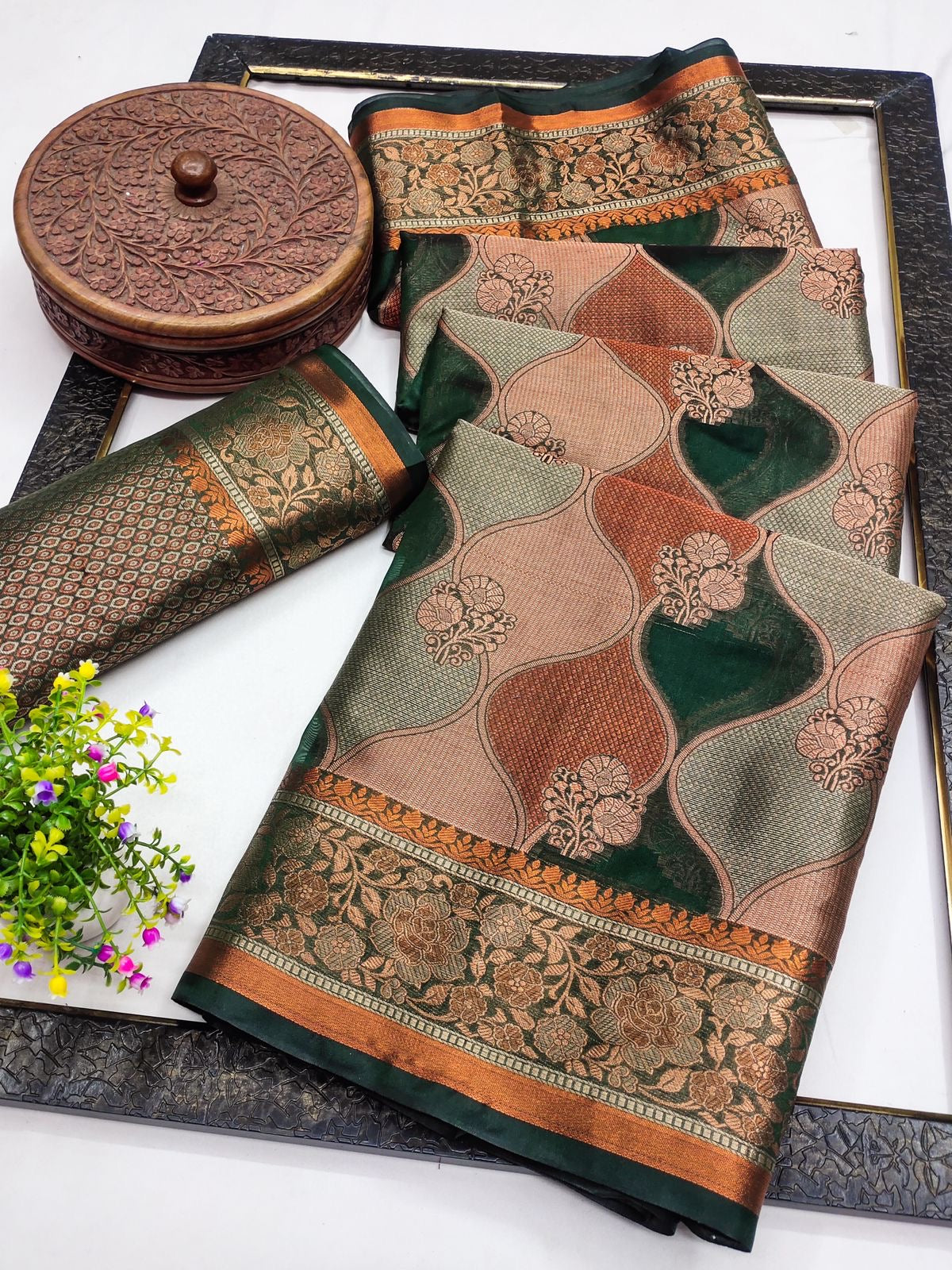 Multi Color Pure Kanjivaram Handloom Copper Silk Saree | Sadika