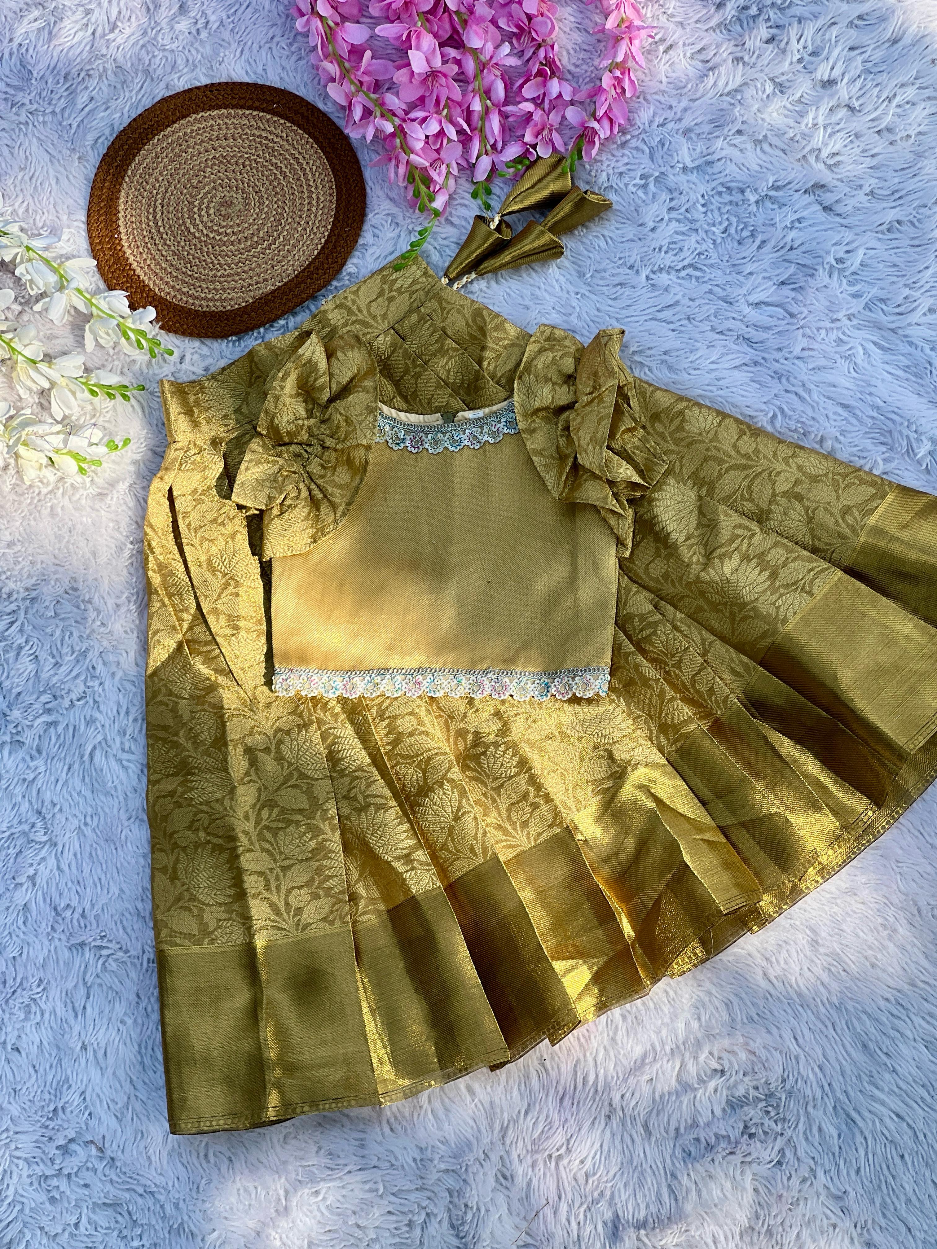 Kid's Gold Kanjivaram silk Flared Lehenga Choli