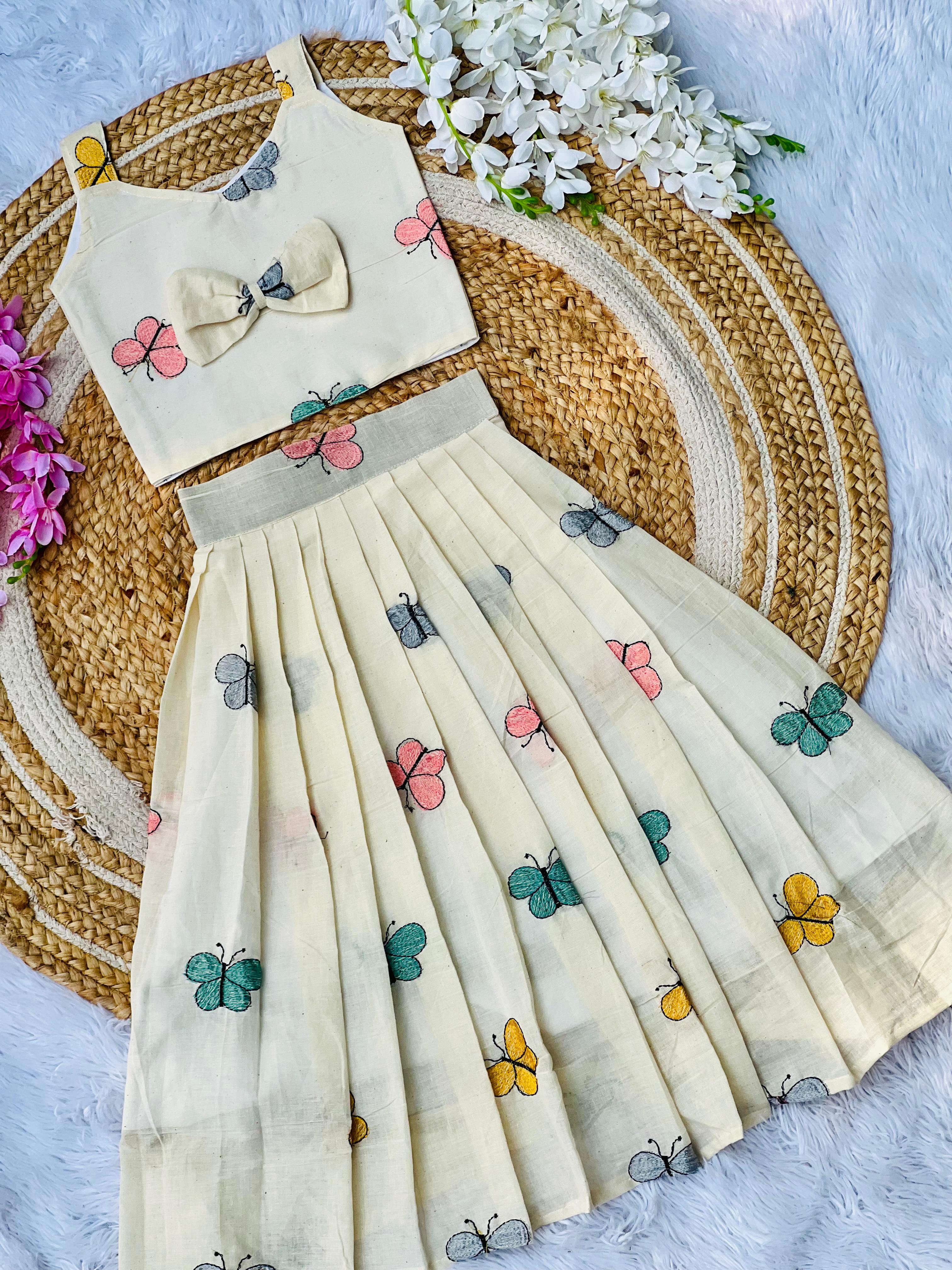 Butterfly Embroidery work Kora cotton Lehenga choli