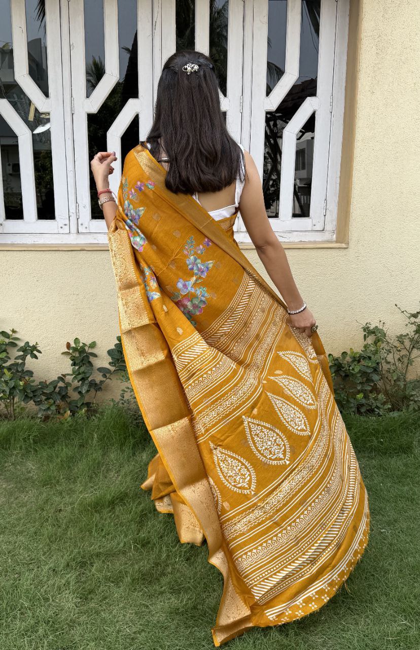 floral printed jacquard woven lace border dola silk saree