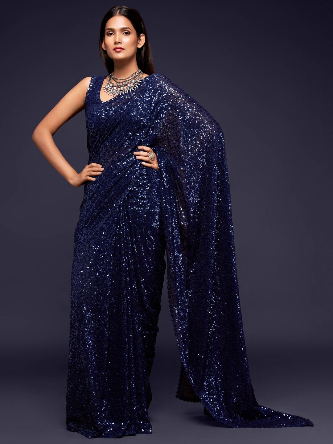 Navy Blue Bollywood Embroidered Sequence Georgette Saree