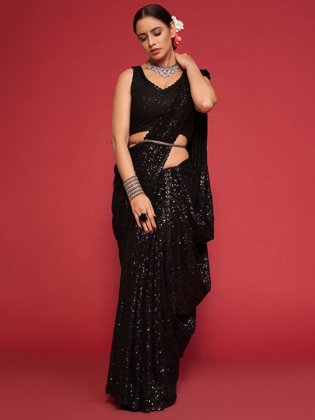 Black Bollywood Embroidered Sequence Georgette Saree