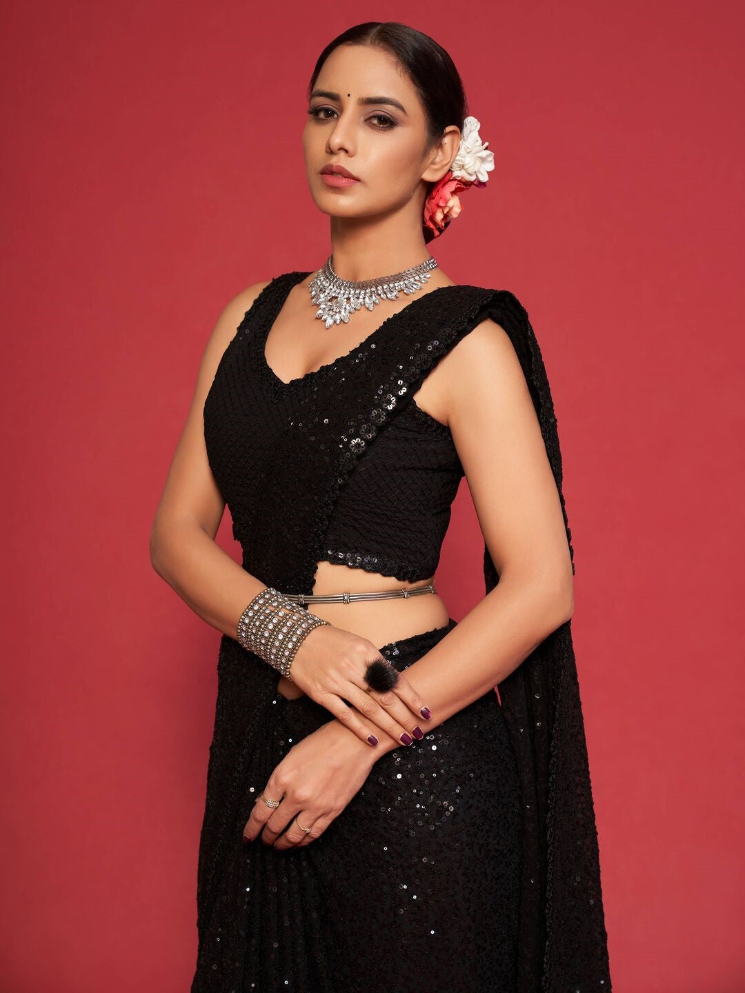 Black Bollywood Embroidered Sequence Georgette Saree
