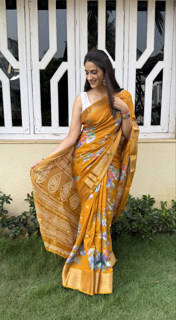 floral printed jacquard woven lace border dola silk saree