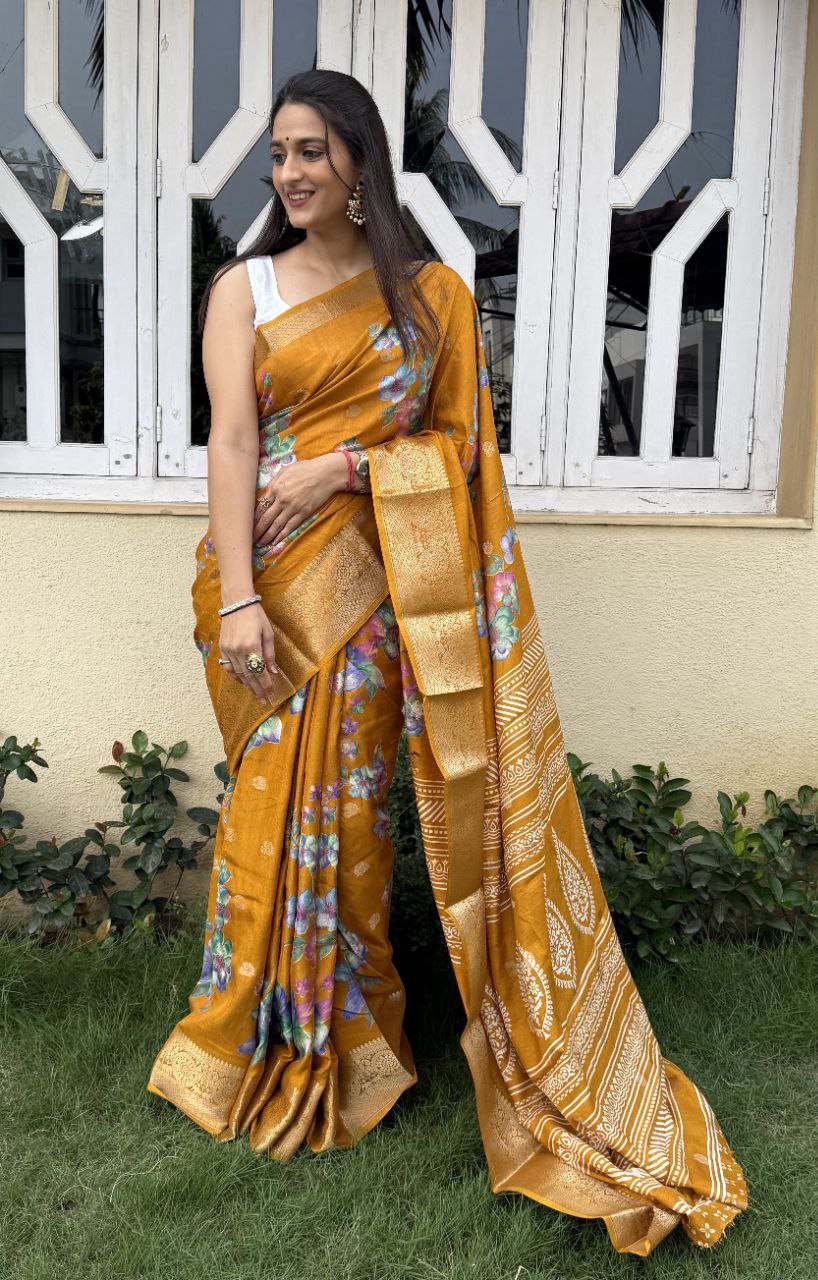 floral printed jacquard woven lace border dola silk saree