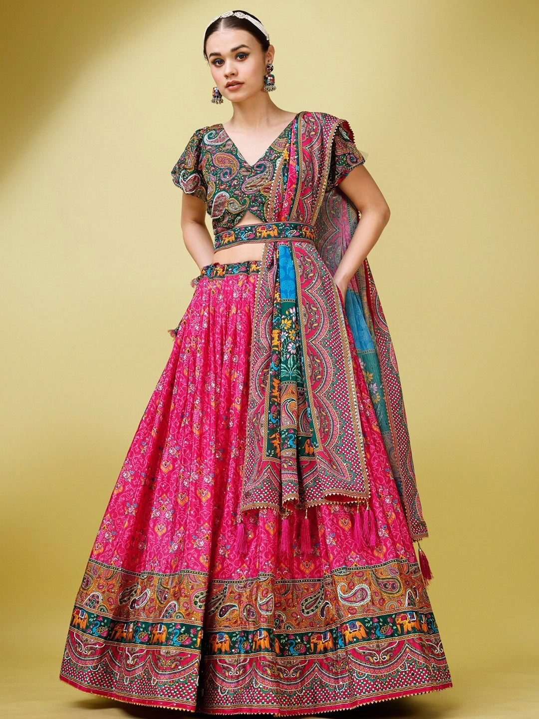 Multicolor Paisley Printed Sequined Semi-Stitched Silk Lehenga & Unstitched Blouse With Dupatta