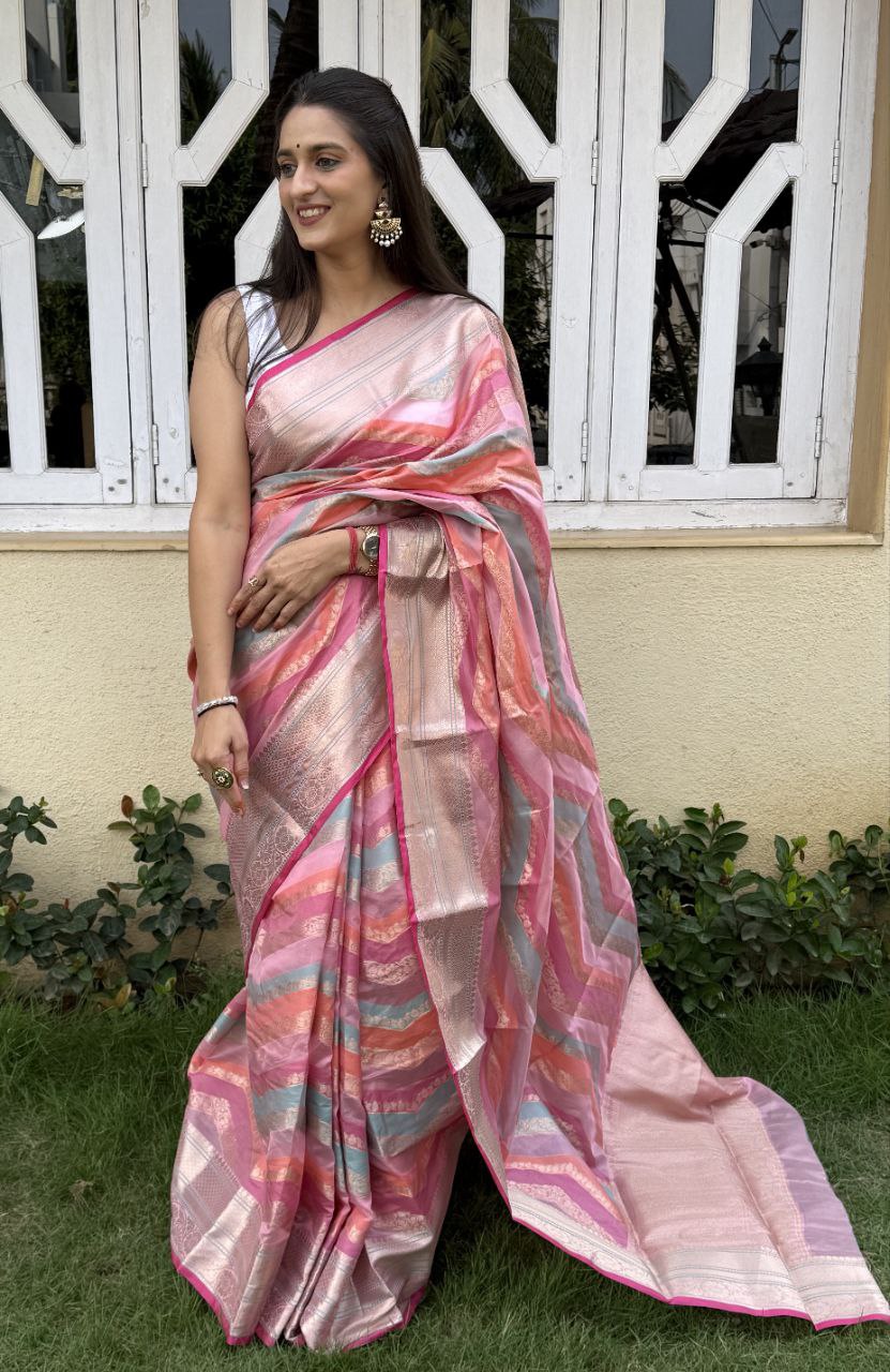 multicolor printed Jacquard Woven Design lace border dola silk saree