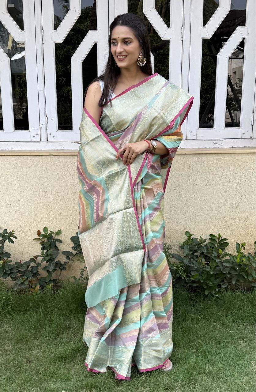 multicolor printed Jacquard Woven Design lace border dola silk saree