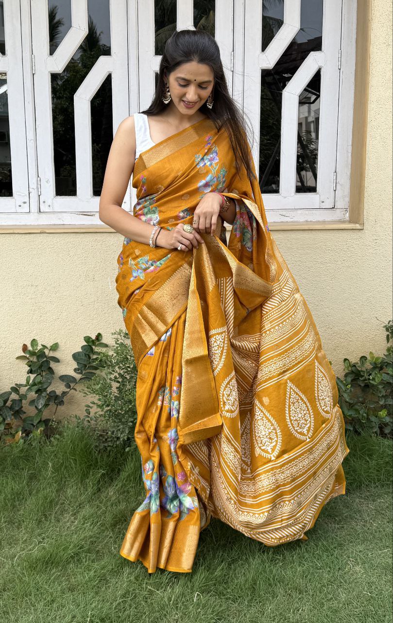 floral printed jacquard woven lace border dola silk saree