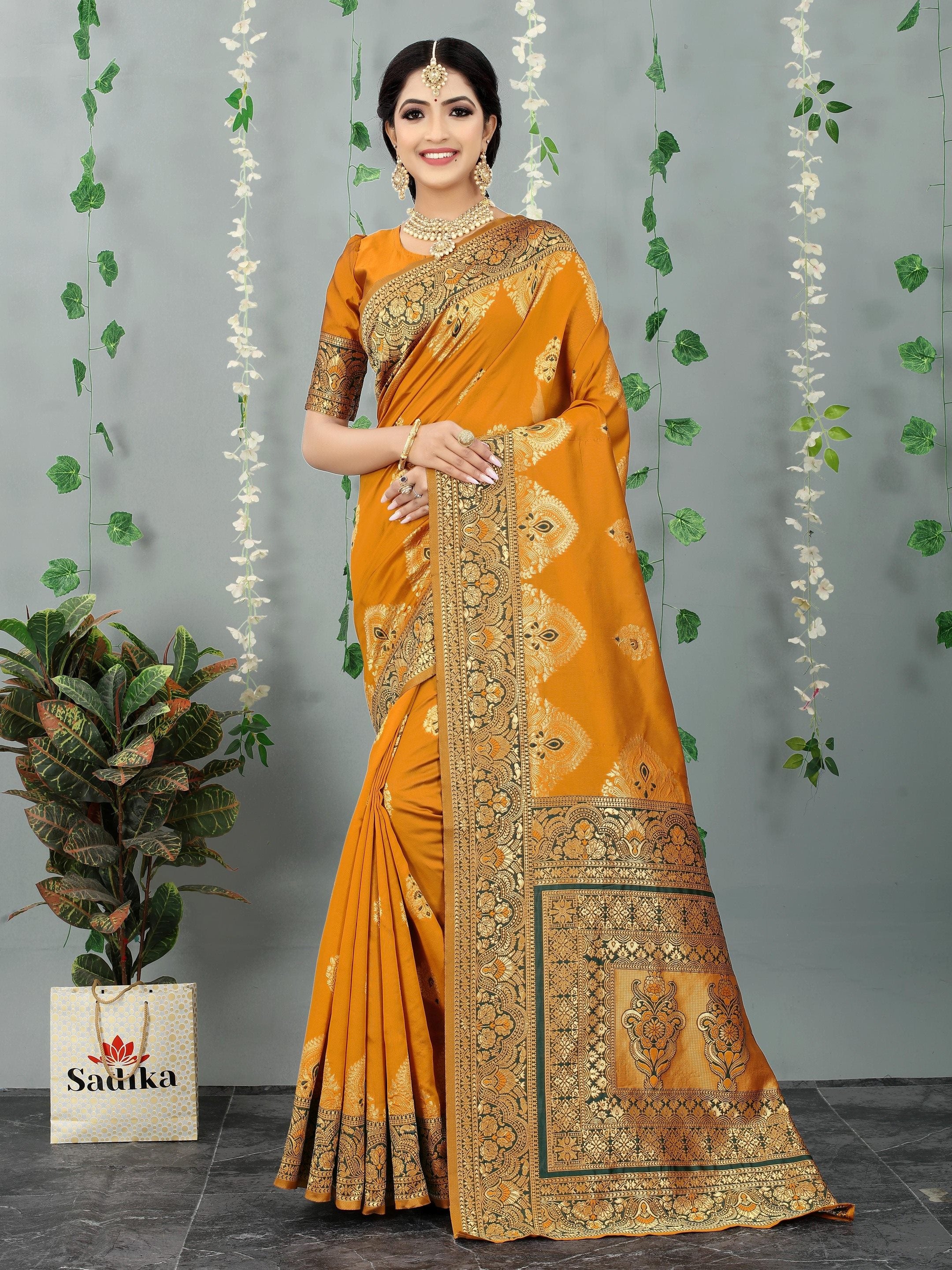 Yellow Woven Floral Banarasi Cotton Art Silk Saree