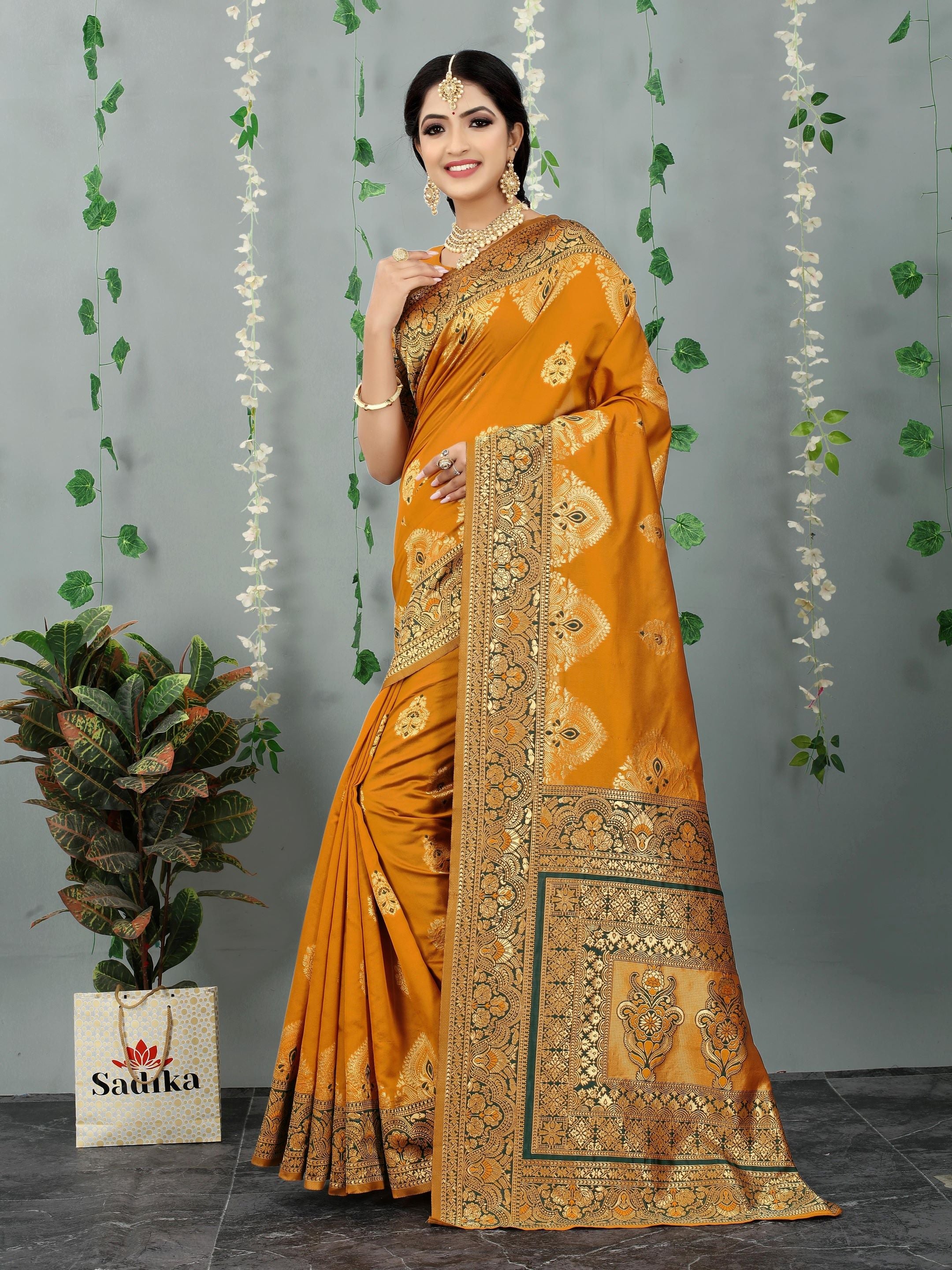Yellow Woven Floral Banarasi Cotton Art Silk Saree