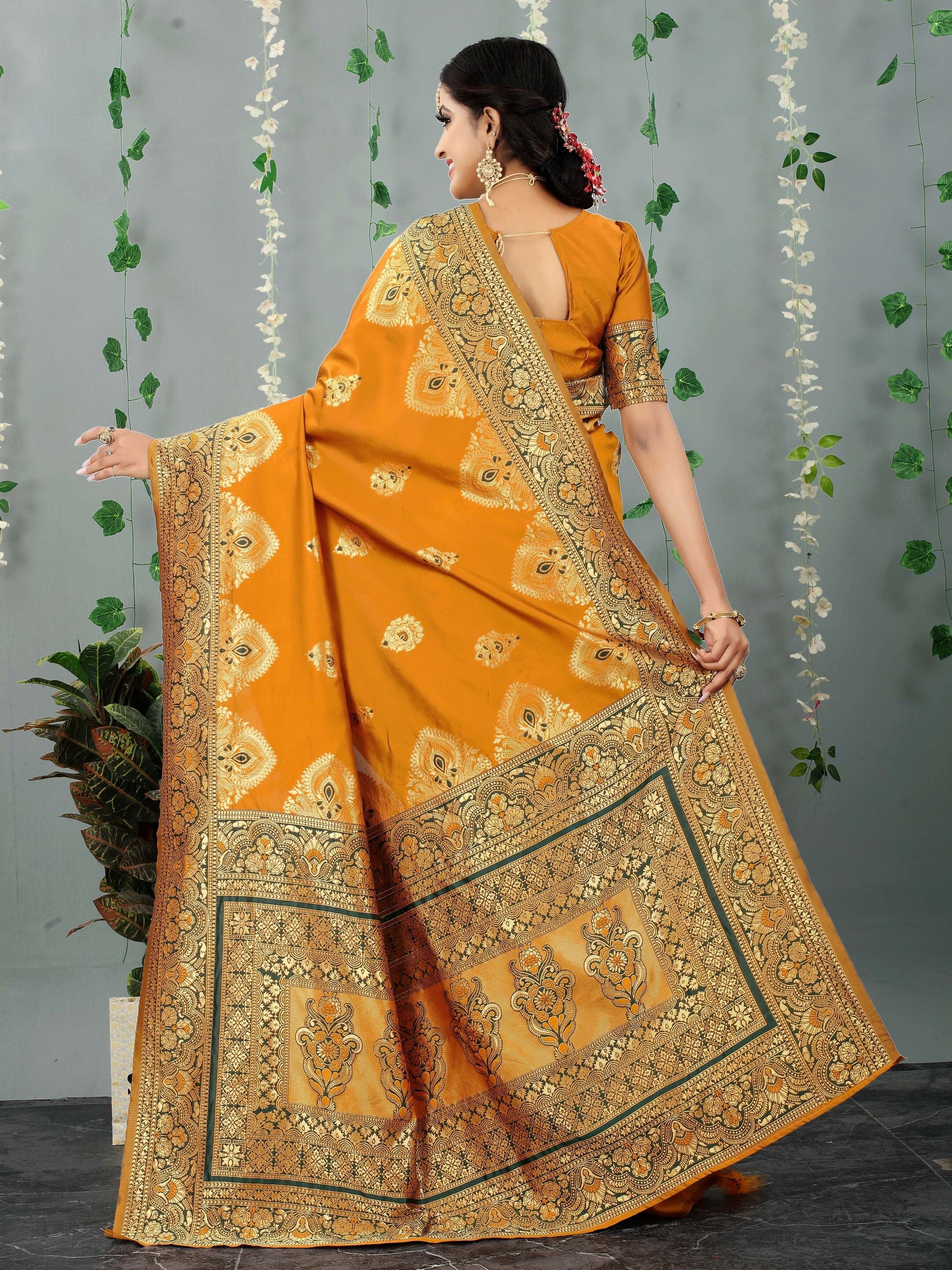 Yellow Woven Floral Banarasi Cotton Art Silk Saree