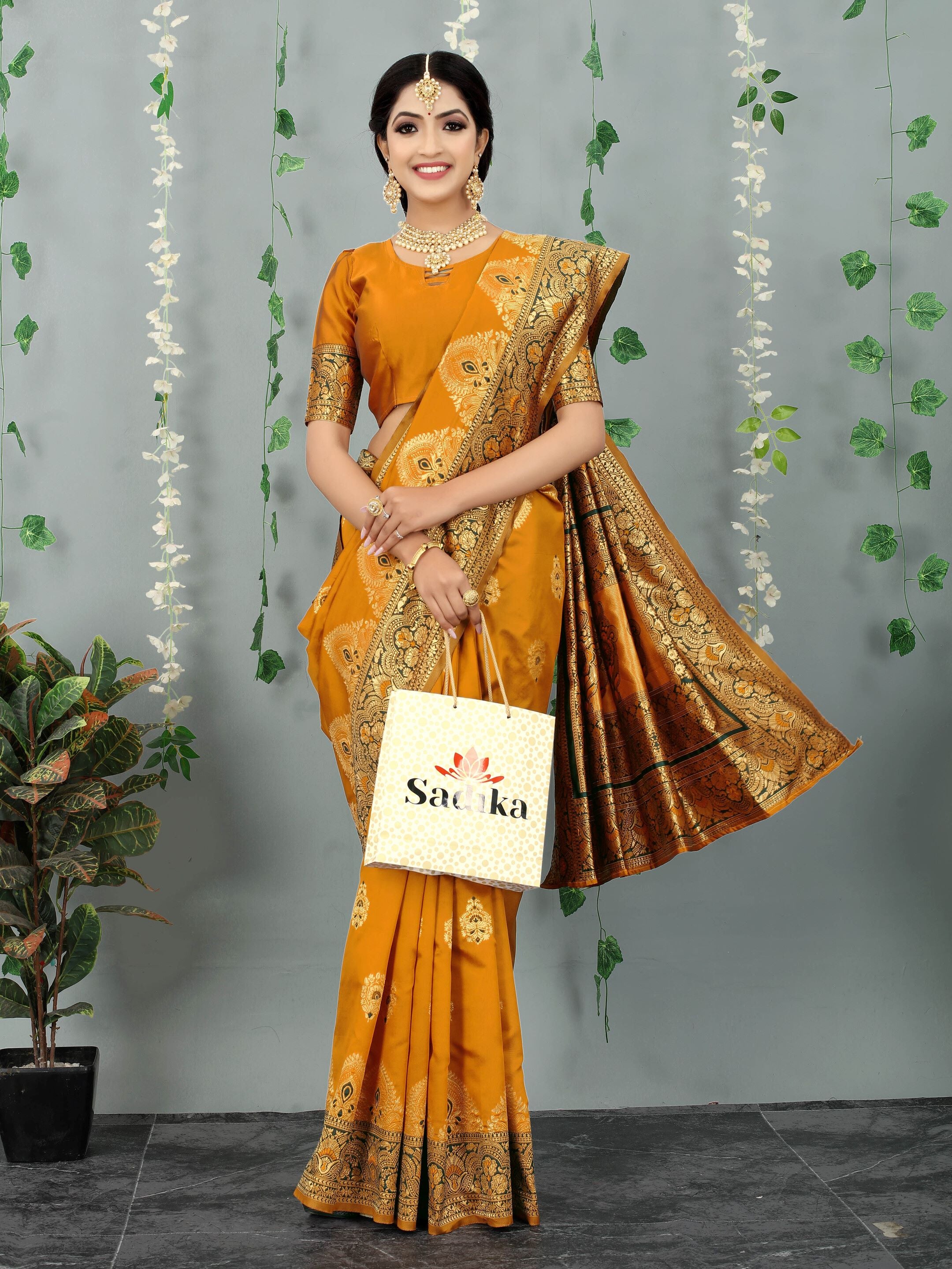 Yellow Woven Floral Banarasi Cotton Art Silk Saree