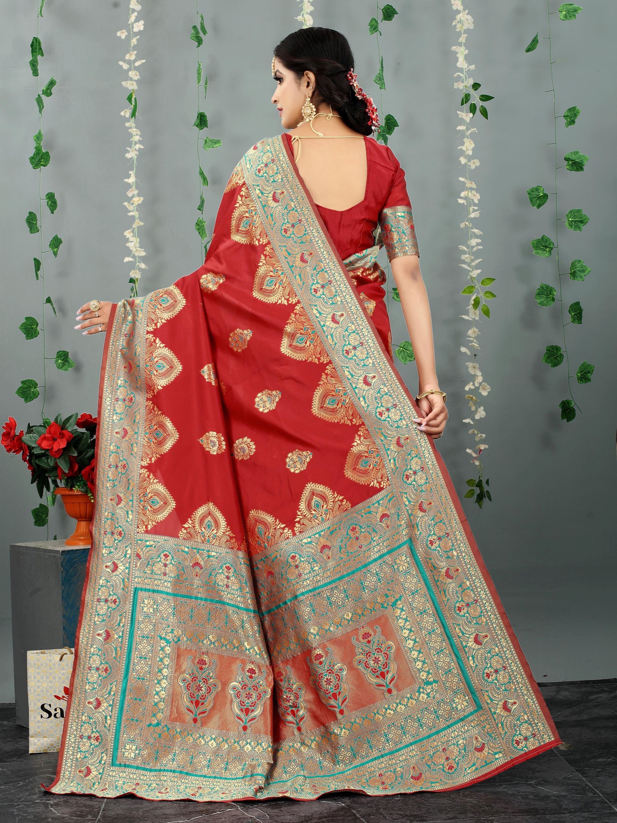 Red Woven Floral Banarasi Cotton Art Silk Saree