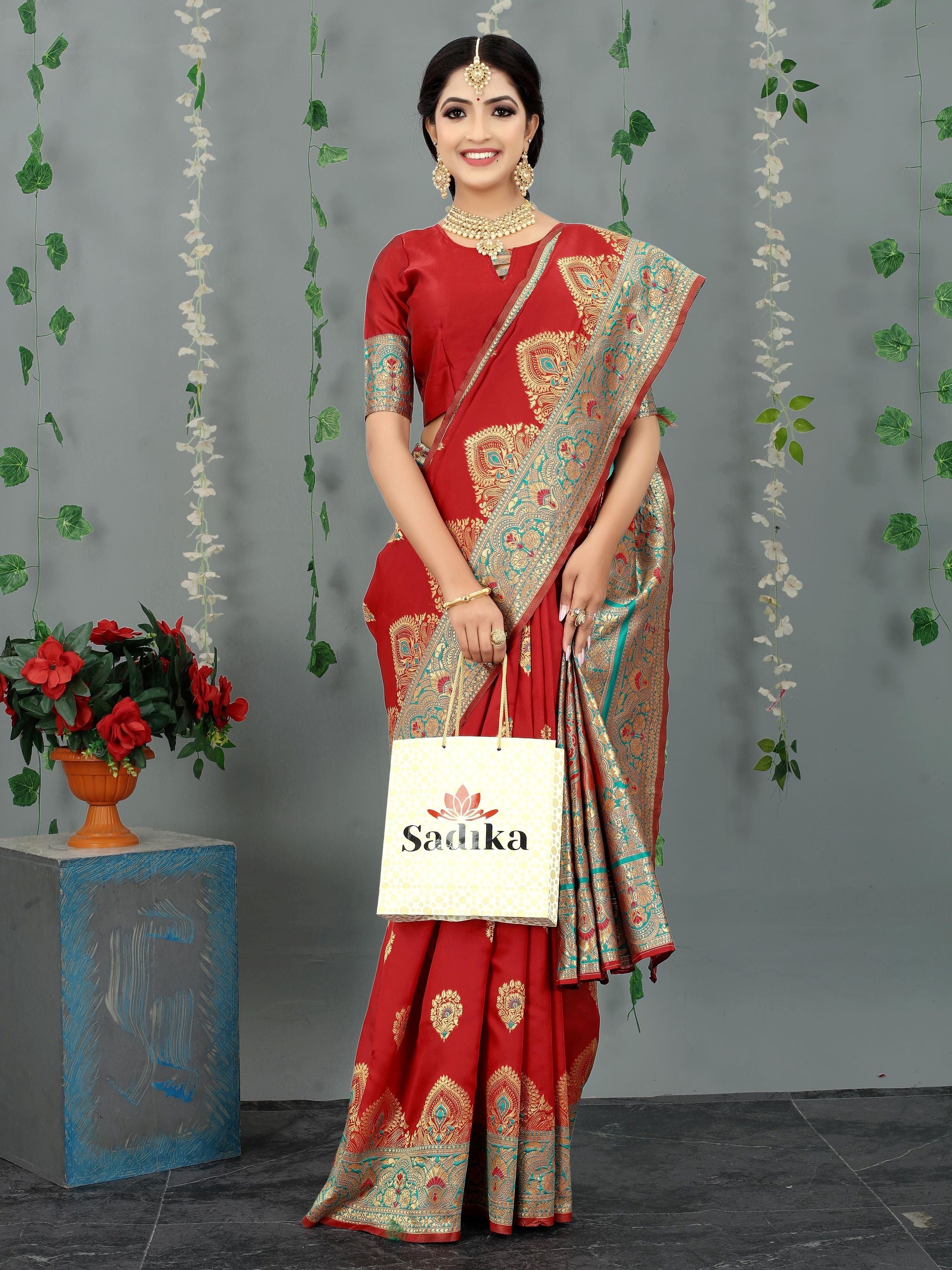 Red Woven Floral Banarasi Cotton Art Silk Saree