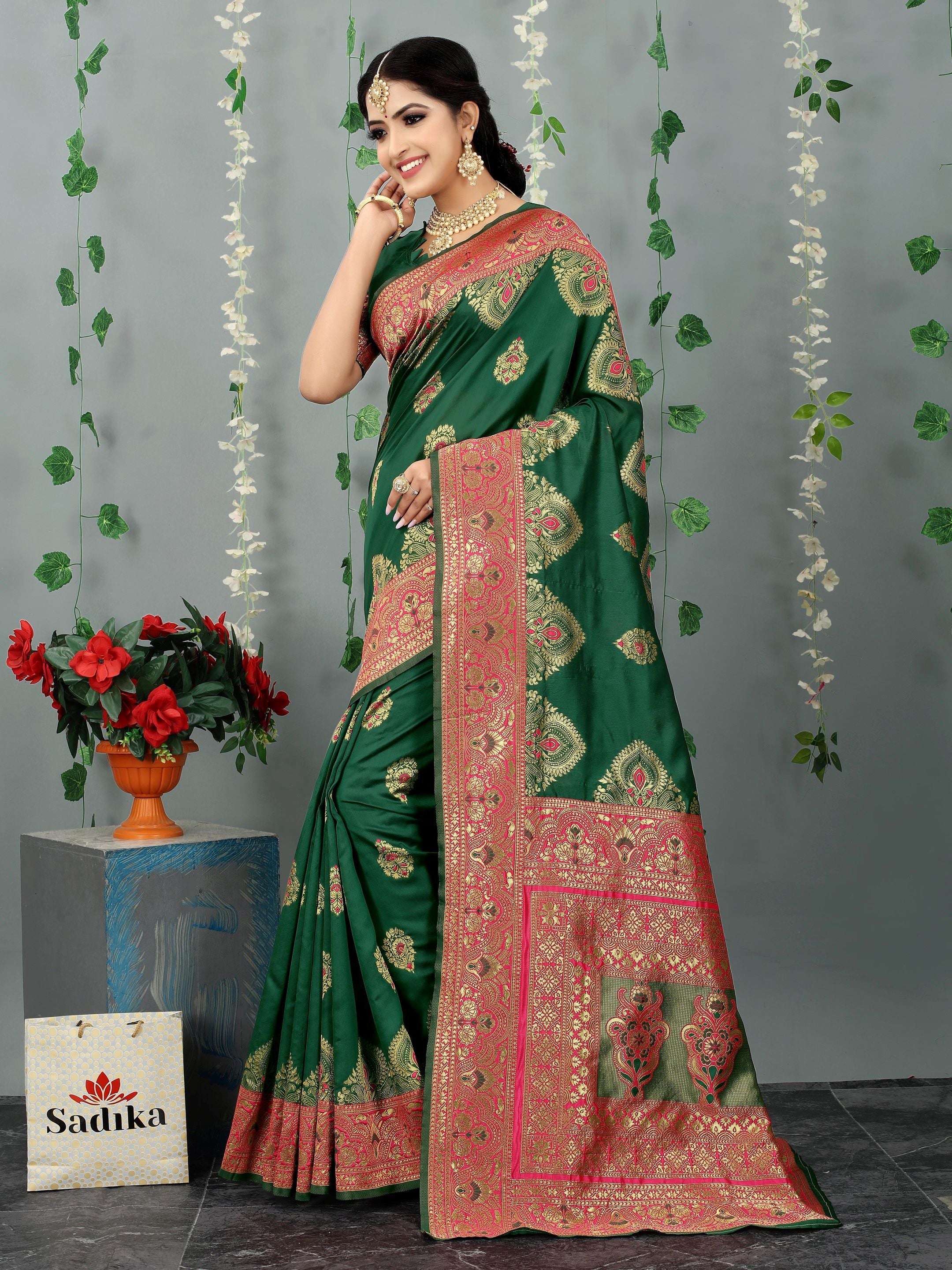 Bottle Green Woven Floral Banarasi Cotton Art Silk Saree