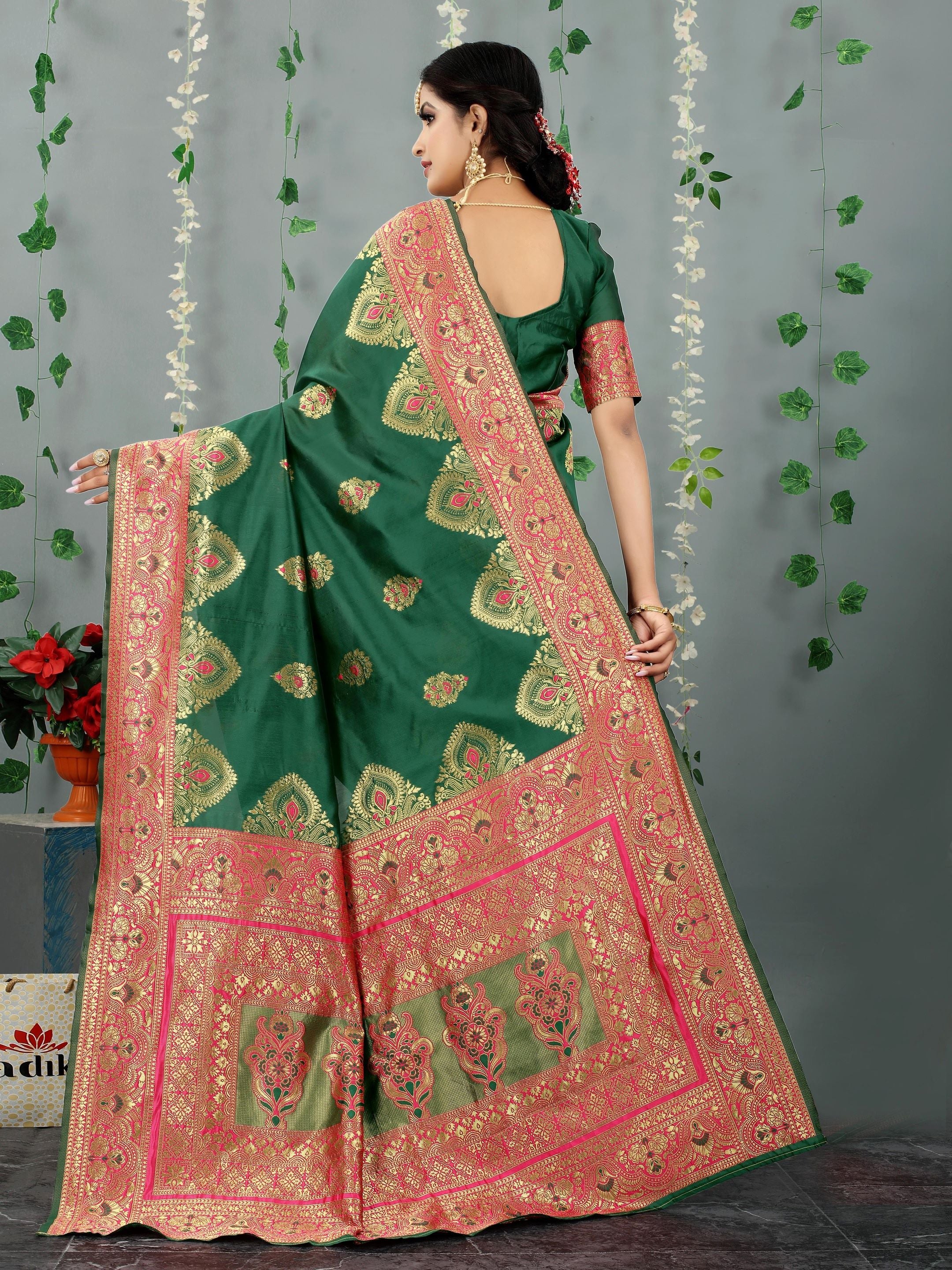 Bottle Green Woven Floral Banarasi Cotton Art Silk Saree