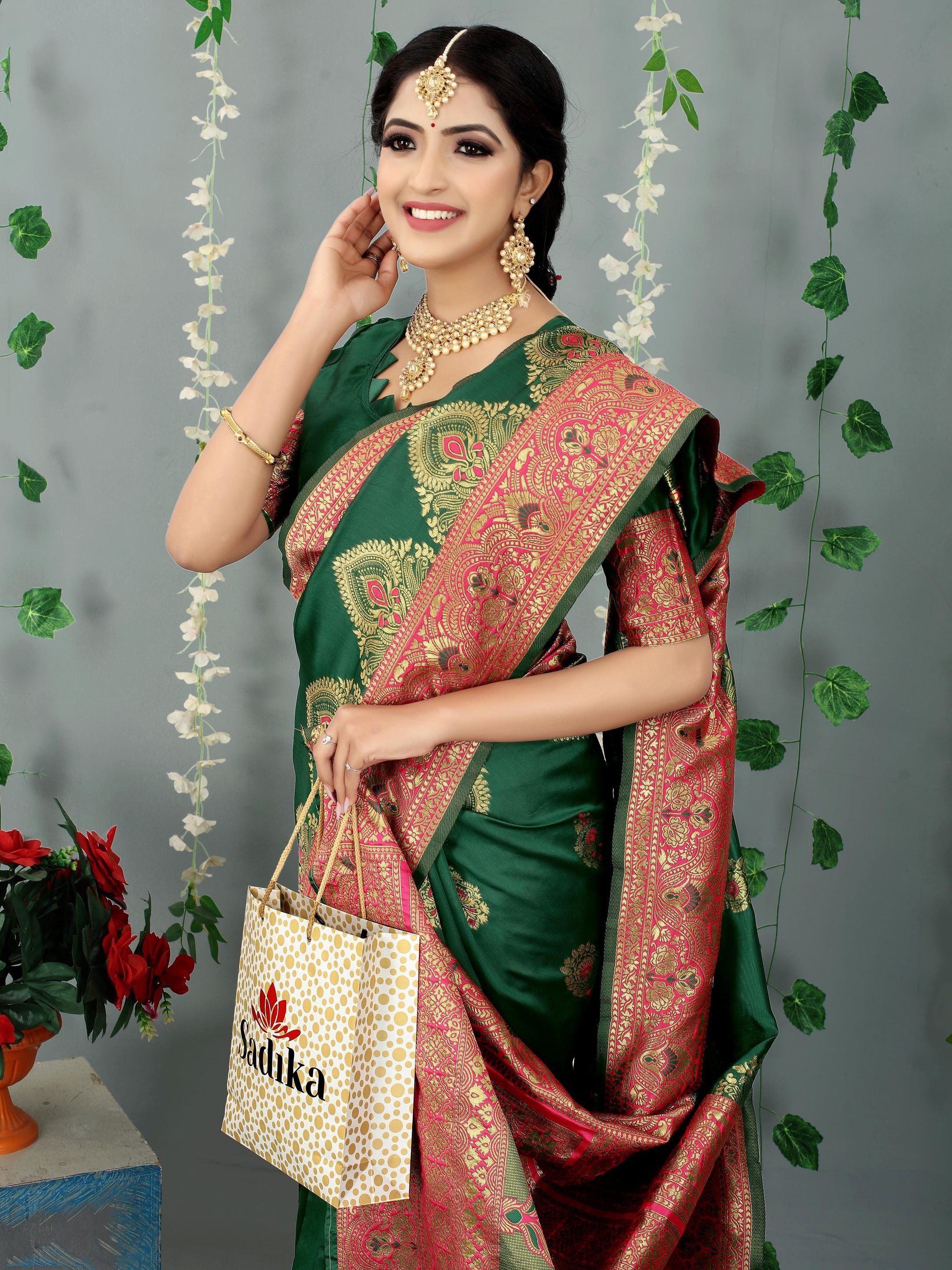 Bottle Green Woven Floral Banarasi Cotton Art Silk Saree