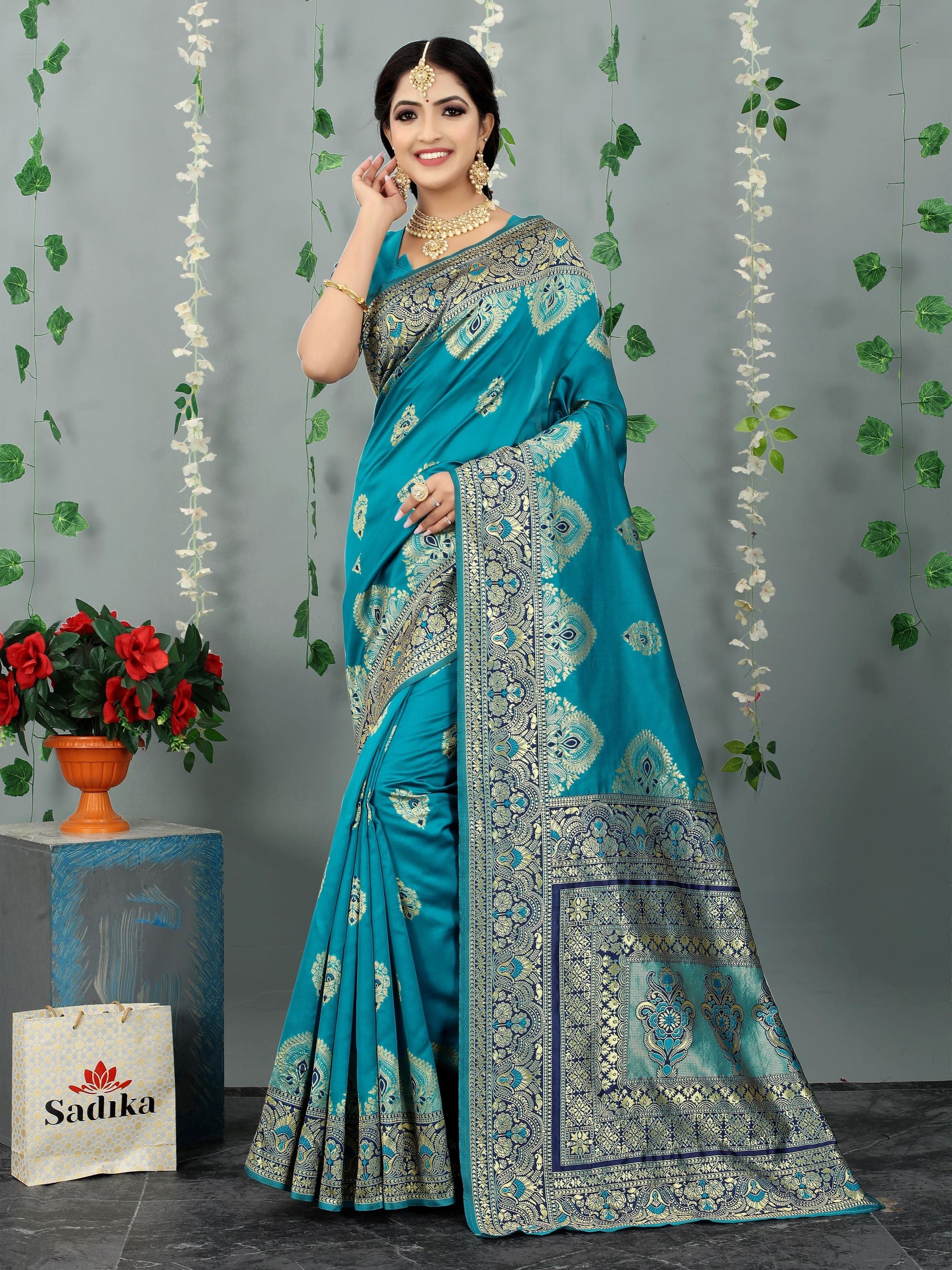 Blue Woven Floral Banarasi Cotton Art Silk Saree