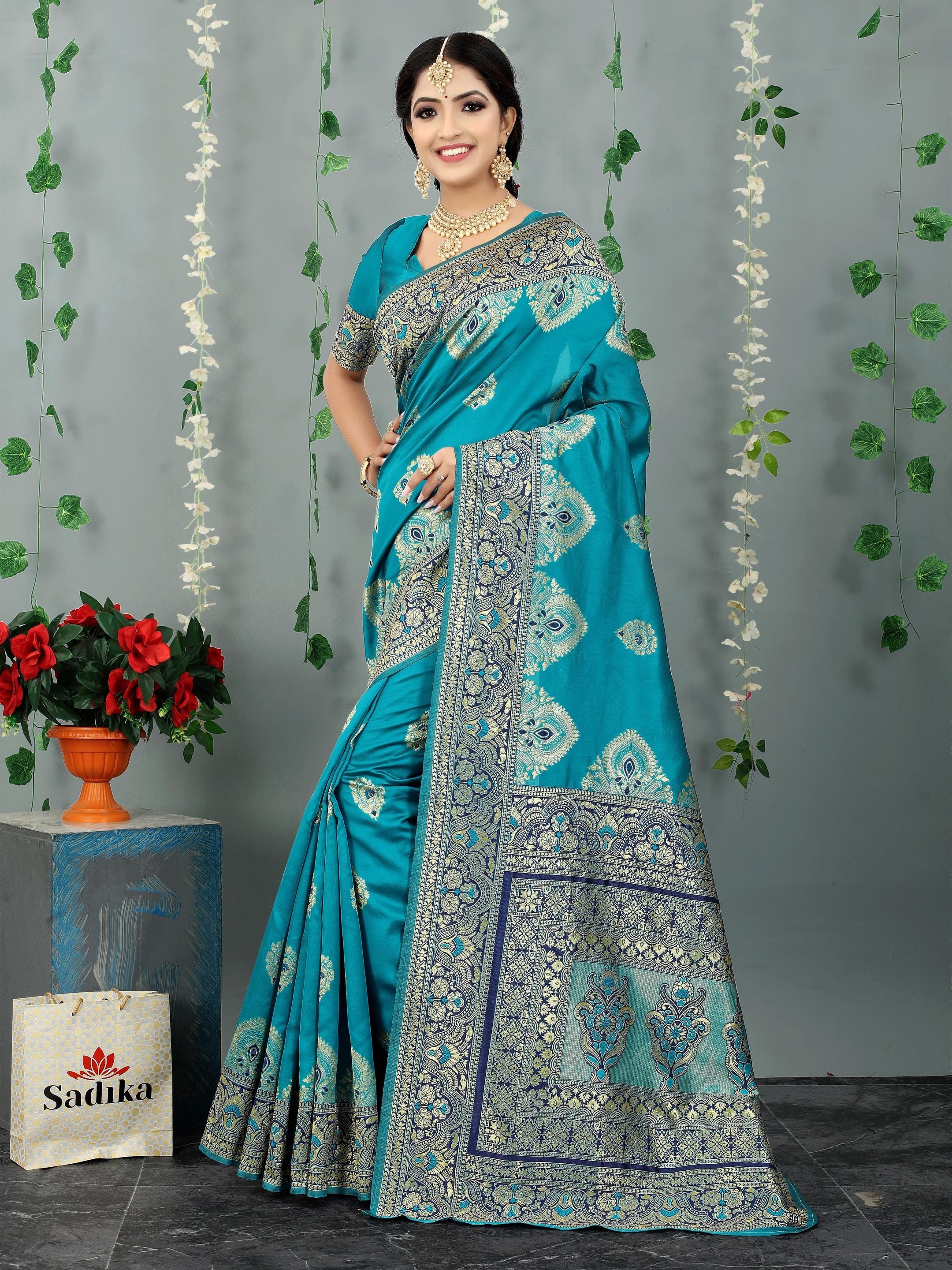Blue Woven Floral Banarasi Cotton Art Silk Saree