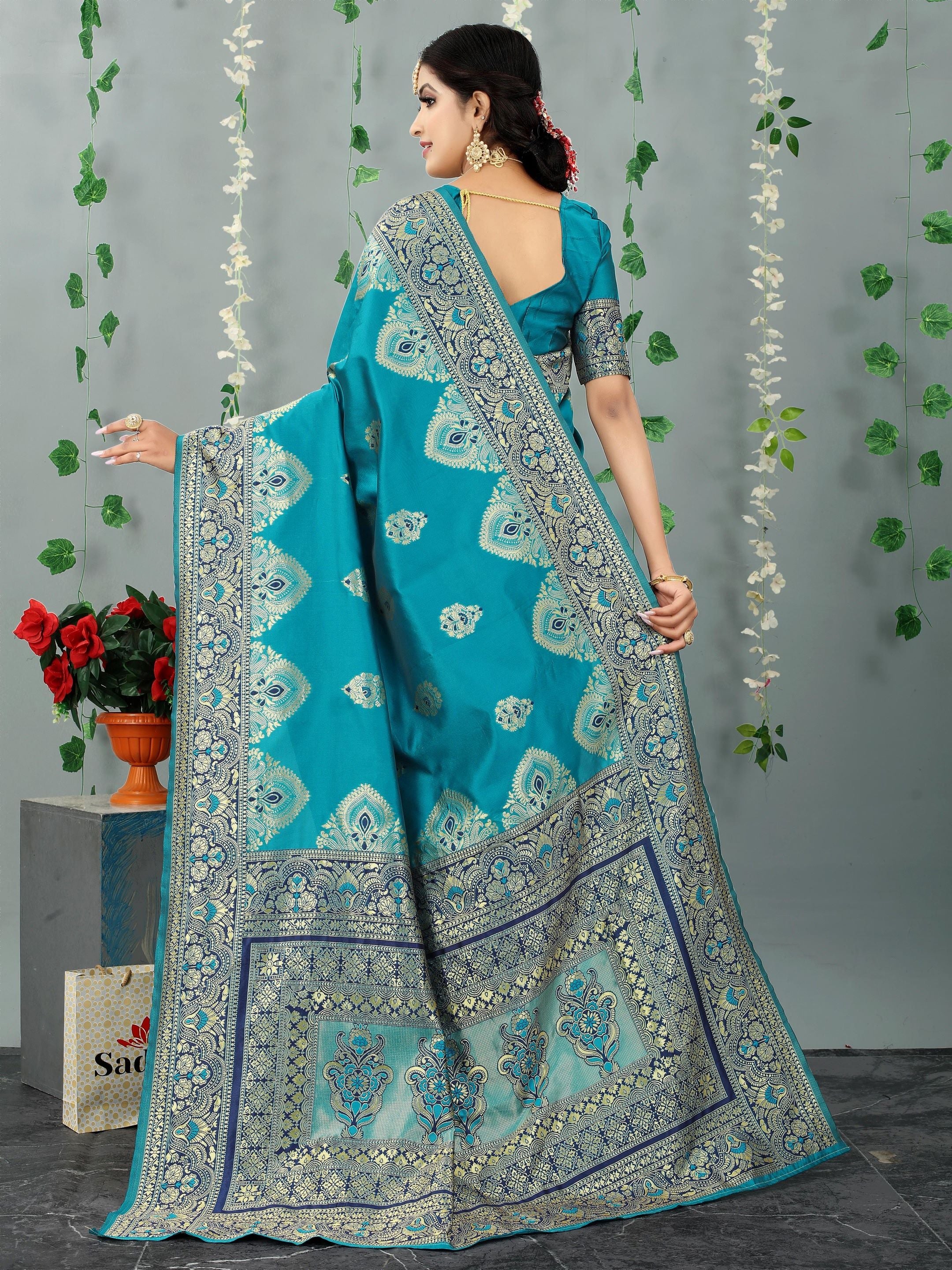 Blue Woven Floral Banarasi Cotton Art Silk Saree