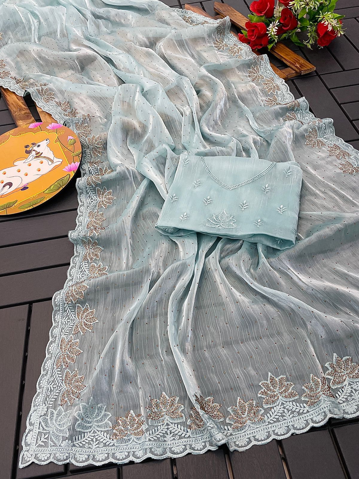 Light Blue Embroidered & Stone Work Burberry Silk Saree