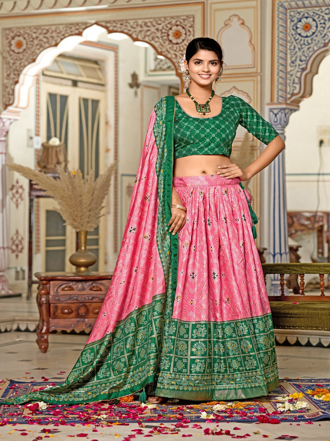 Multicolor Foil Print Minakari Work Semi-Stitched Silk Lehenga & Unstitched Blouse With Dupatta