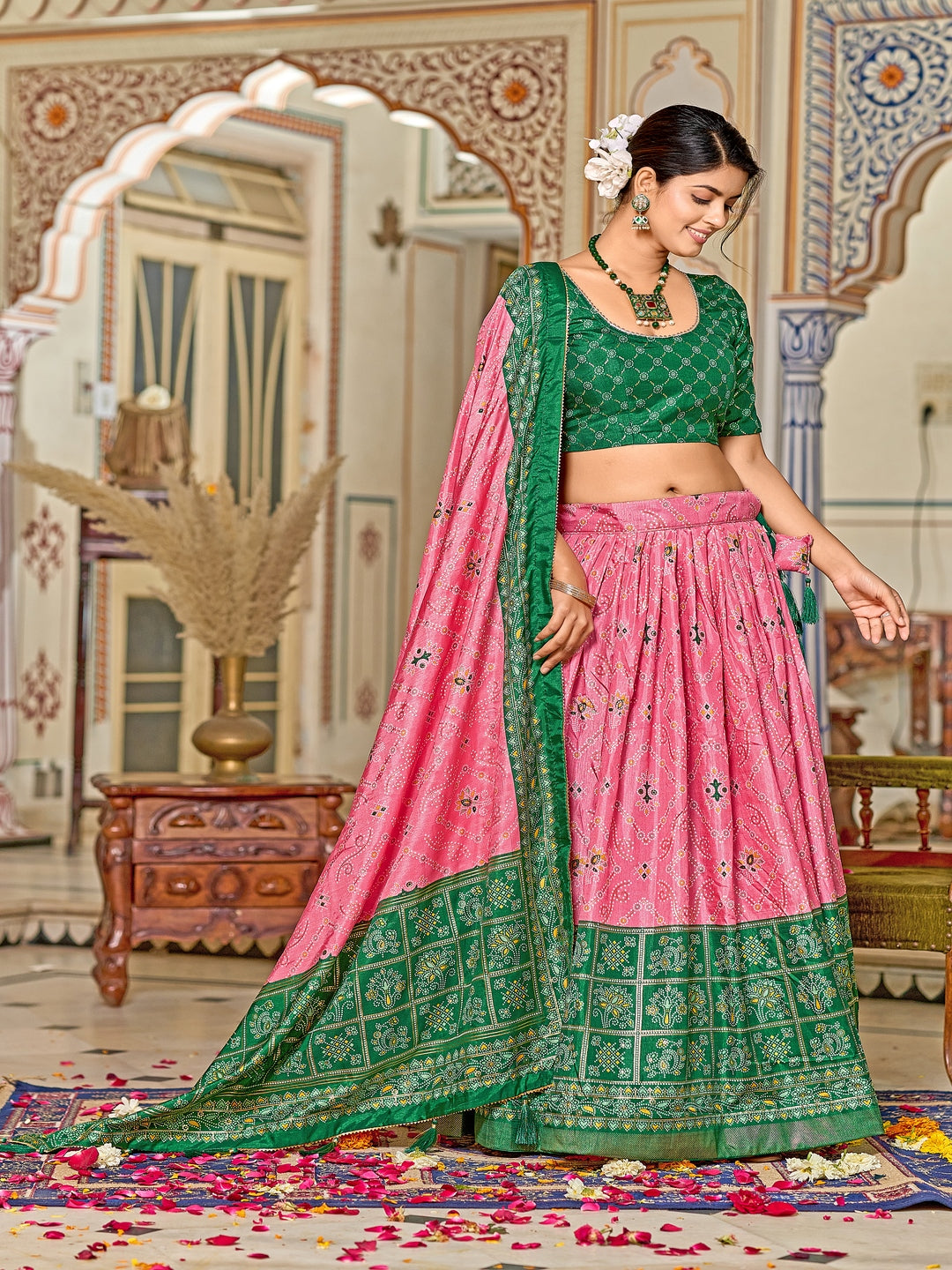 Multicolor Foil Print Minakari Work Semi-Stitched Silk Lehenga & Unstitched Blouse With Dupatta