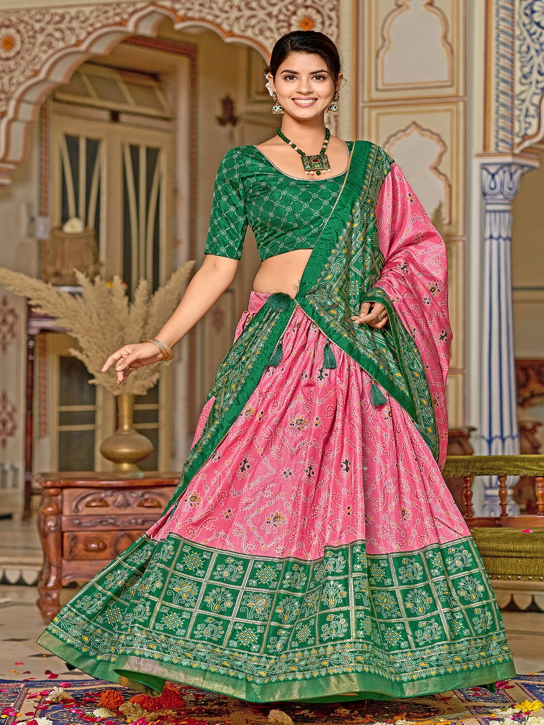 Multicolor Foil Print Minakari Work Semi-Stitched Silk Lehenga & Unstitched Blouse With Dupatta