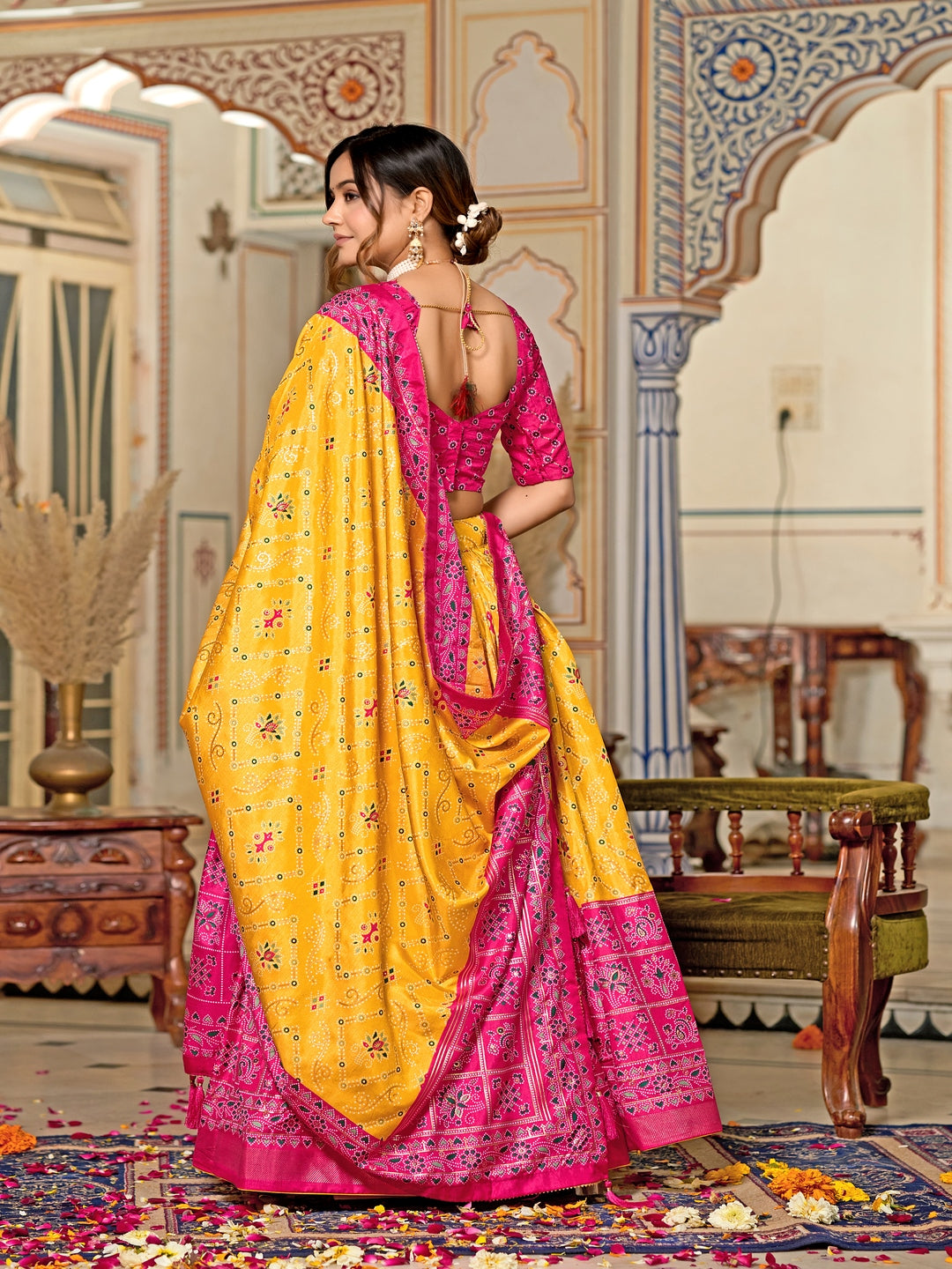 Multicolor Foil Print Minakari Work Semi-Stitched Silk Lehenga & Unstitched Blouse With Dupatta