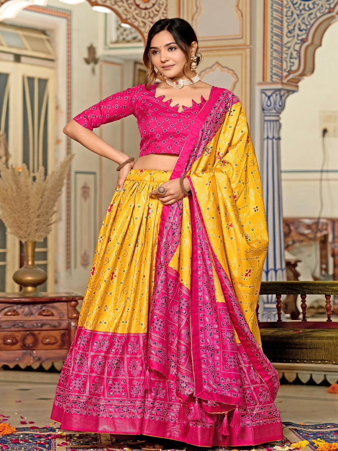 Multicolor Foil Print Minakari Work Semi-Stitched Silk Lehenga & Unstitched Blouse With Dupatta