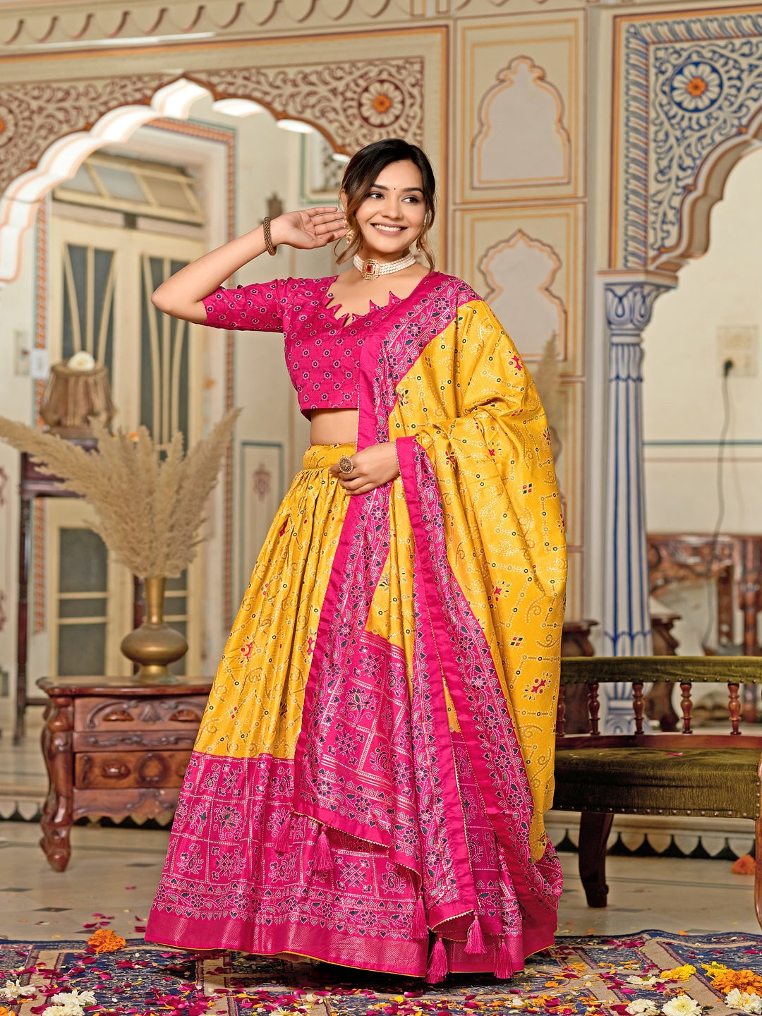 Multicolor Foil Print Minakari Work Semi-Stitched Silk Lehenga & Unstitched Blouse With Dupatta