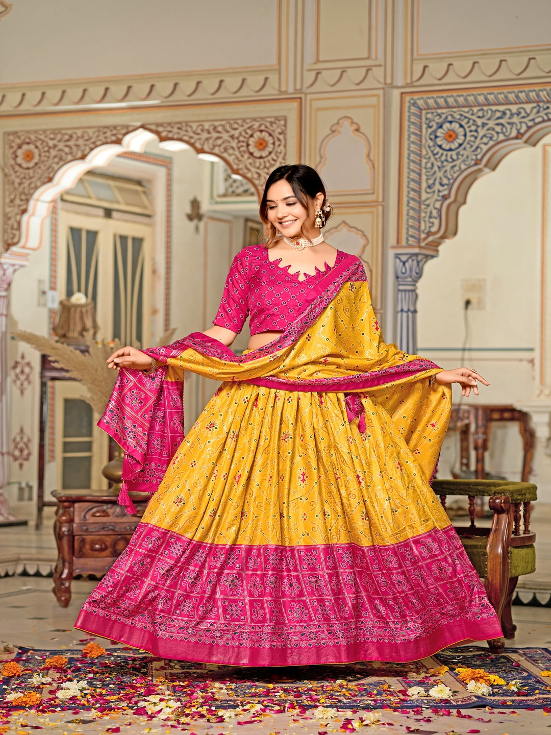 Multicolor Foil Print Minakari Work Semi-Stitched Silk Lehenga & Unstitched Blouse With Dupatta