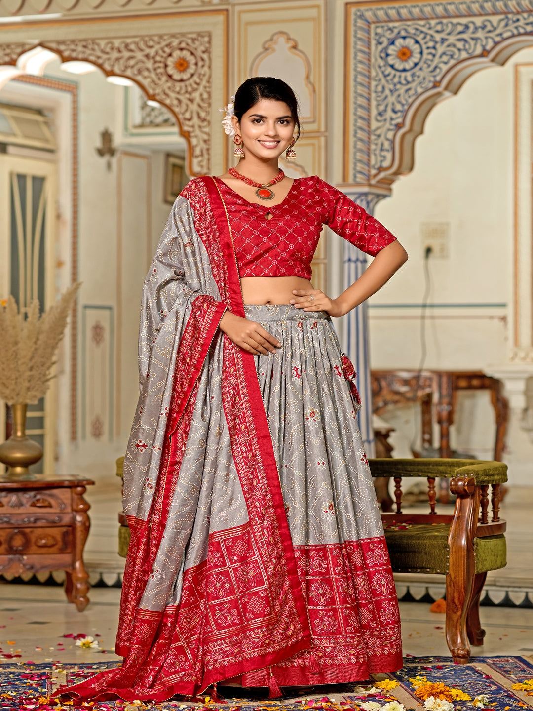 Multicolor Foil Print Minakari Work Semi-Stitched Silk Lehenga & Unstitched Blouse With Dupatta