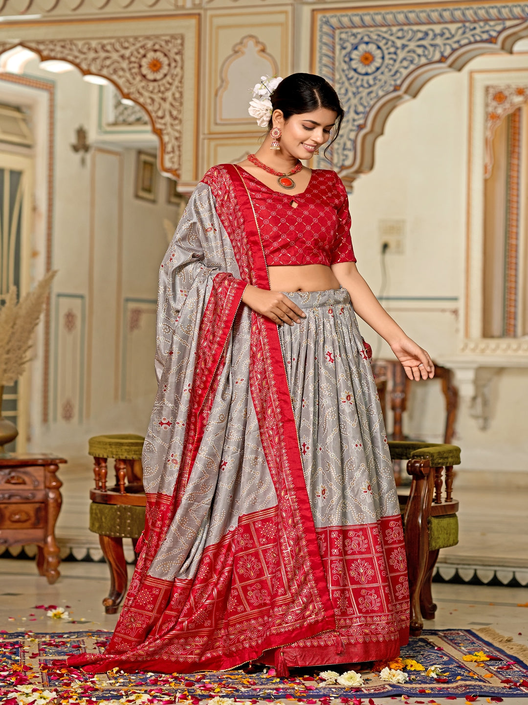 Multicolor Foil Print Minakari Work Semi-Stitched Silk Lehenga & Unstitched Blouse With Dupatta