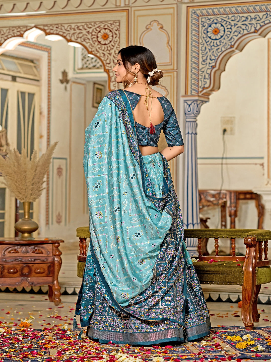 Multicolor Foil Print Minakari Work Semi-Stitched Silk Lehenga & Unstitched Blouse With Dupatta