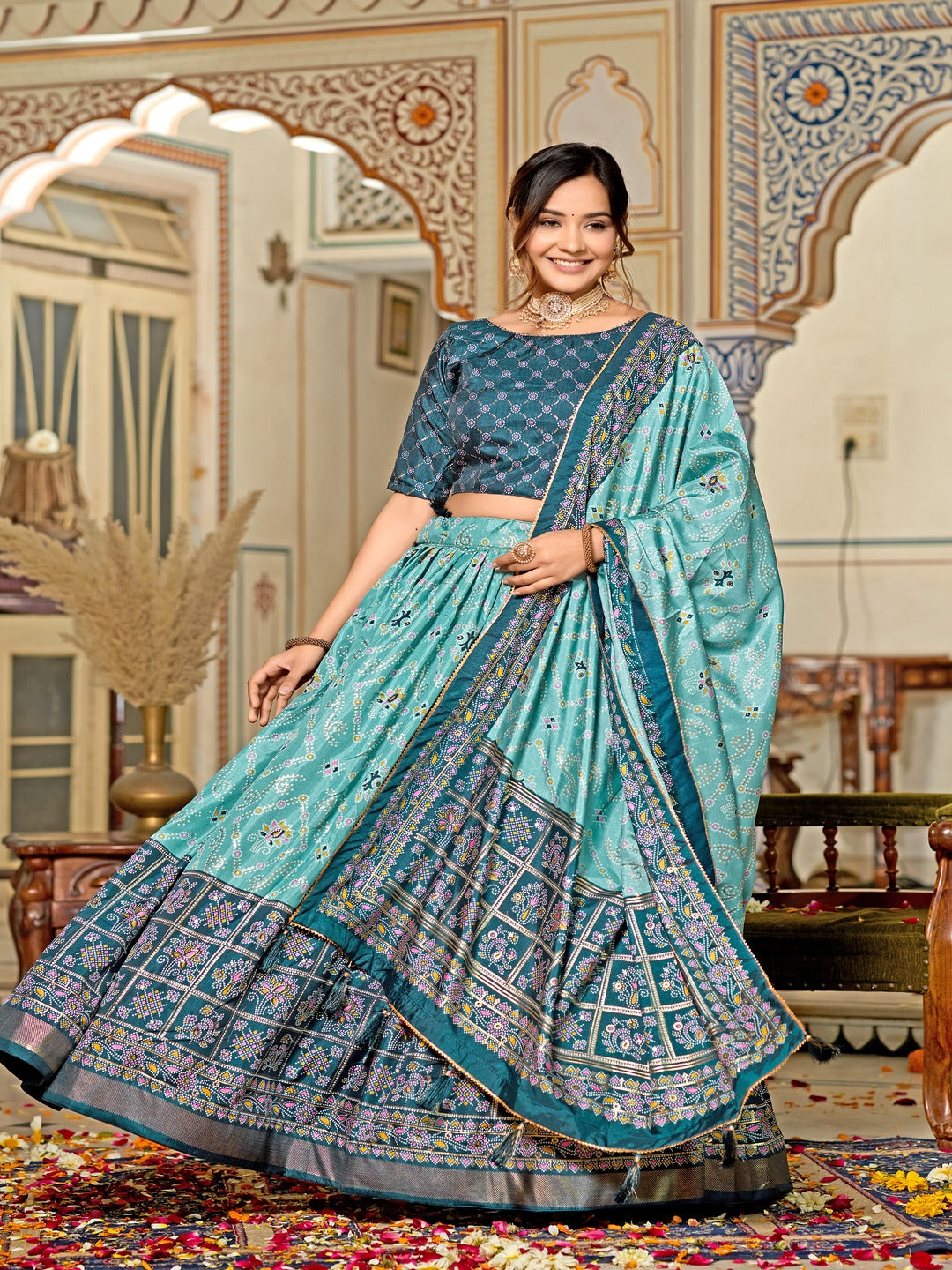 Multicolor Foil Print Minakari Work Semi-Stitched Silk Lehenga & Unstitched Blouse With Dupatta