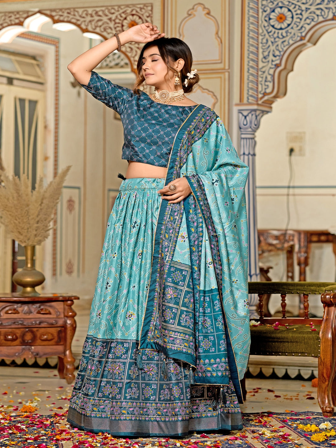 Multicolor Foil Print Minakari Work Semi-Stitched Silk Lehenga & Unstitched Blouse With Dupatta