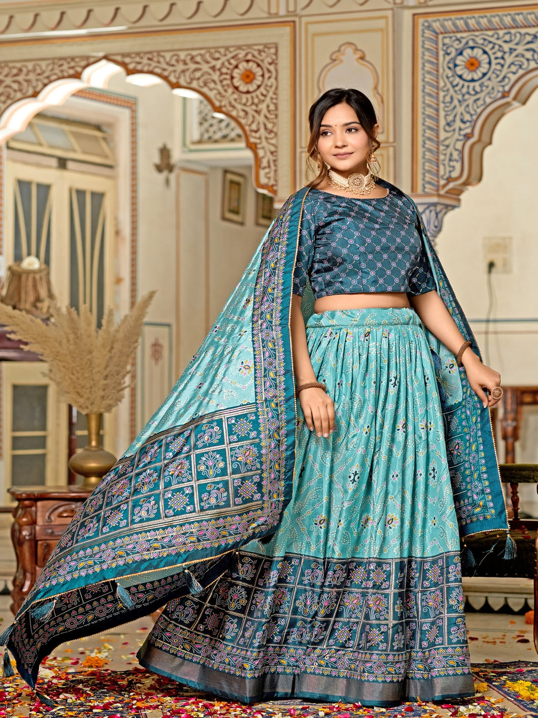 Multicolor Foil Print Minakari Work Semi-Stitched Silk Lehenga & Unstitched Blouse With Dupatta