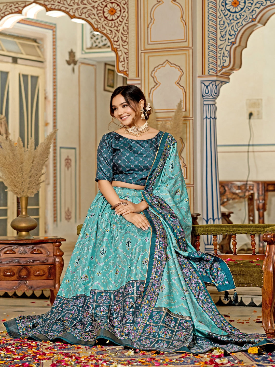 Multicolor Foil Print Minakari Work Semi-Stitched Silk Lehenga & Unstitched Blouse With Dupatta