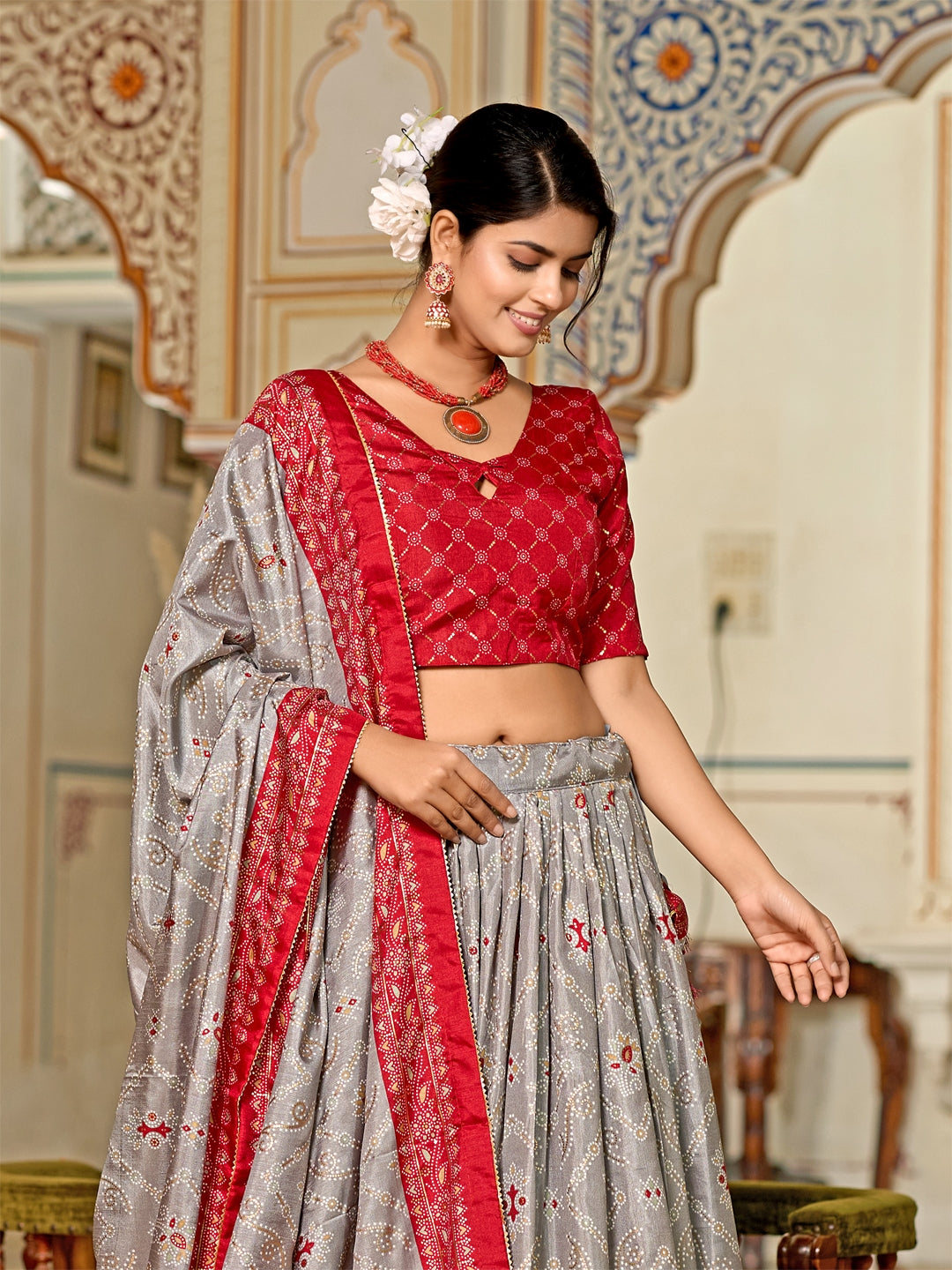 Multicolor Foil Print Minakari Work Semi-Stitched Silk Lehenga & Unstitched Blouse With Dupatta