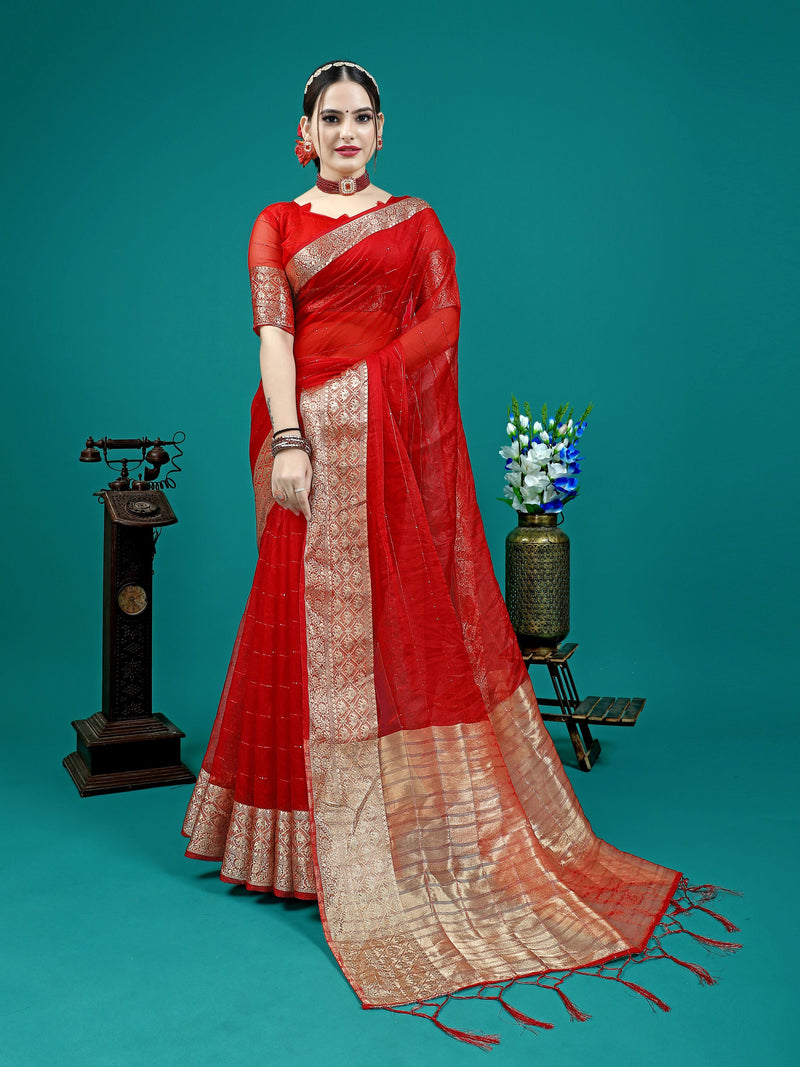 Woven Sequence Crochet Embroidered Banarasi Organza Silk Saree | Sadika