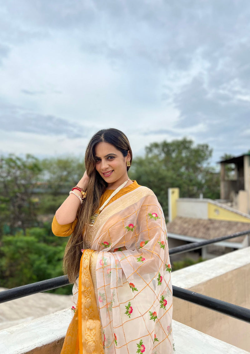 Yellow Woven Checkered Floral Embroidered Banarasi Organza Saree | Sadika