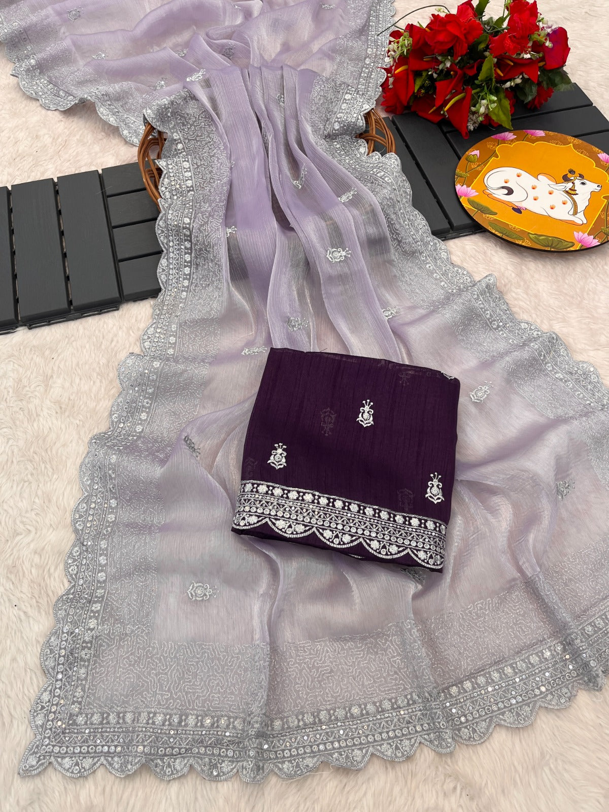 Light Purple Embroidered Zari Work Jimmy Choo Silk Saree