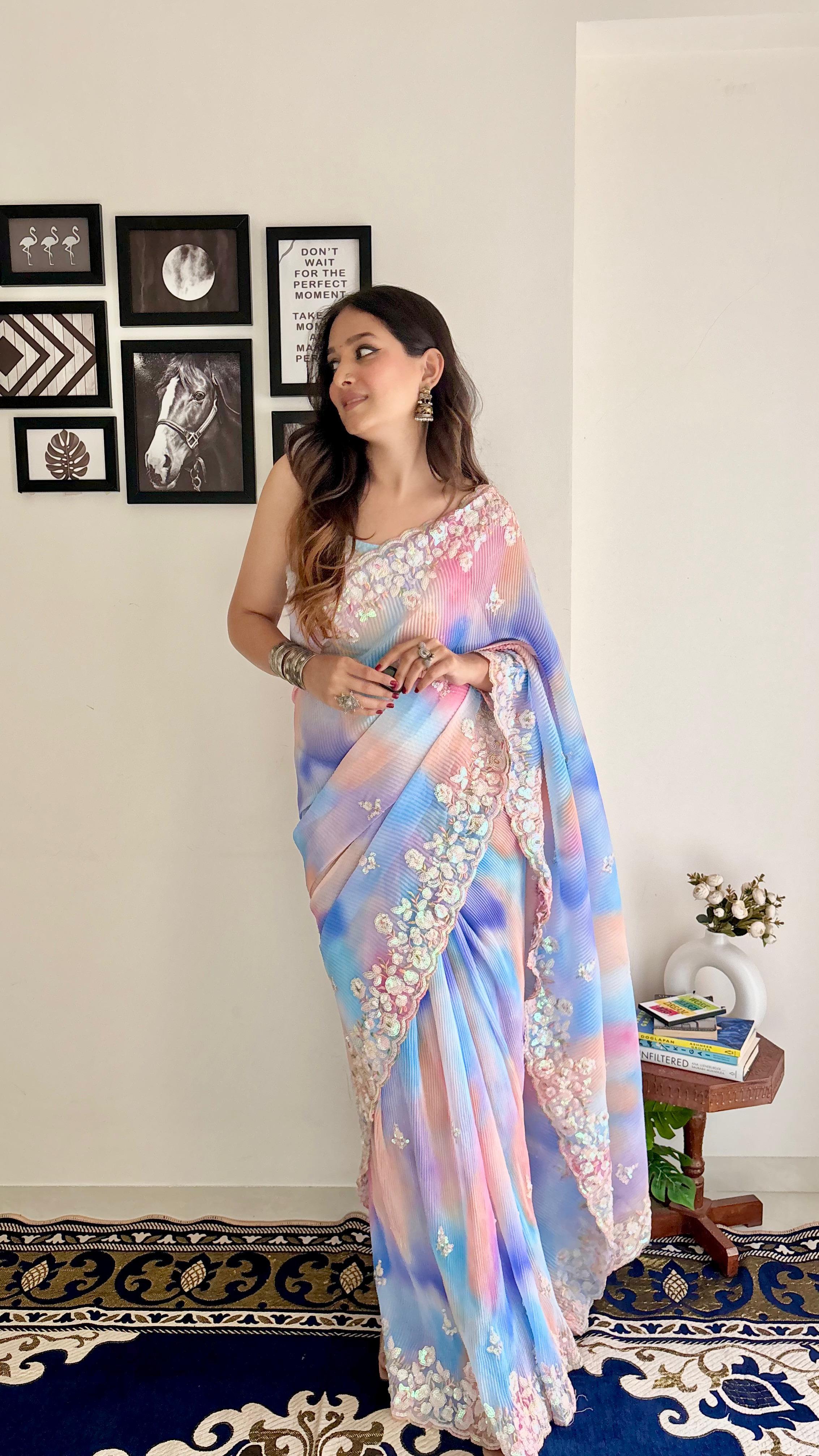 Multicolor Printed Embroidered Sequence Crush Pleated Georgette Saree
