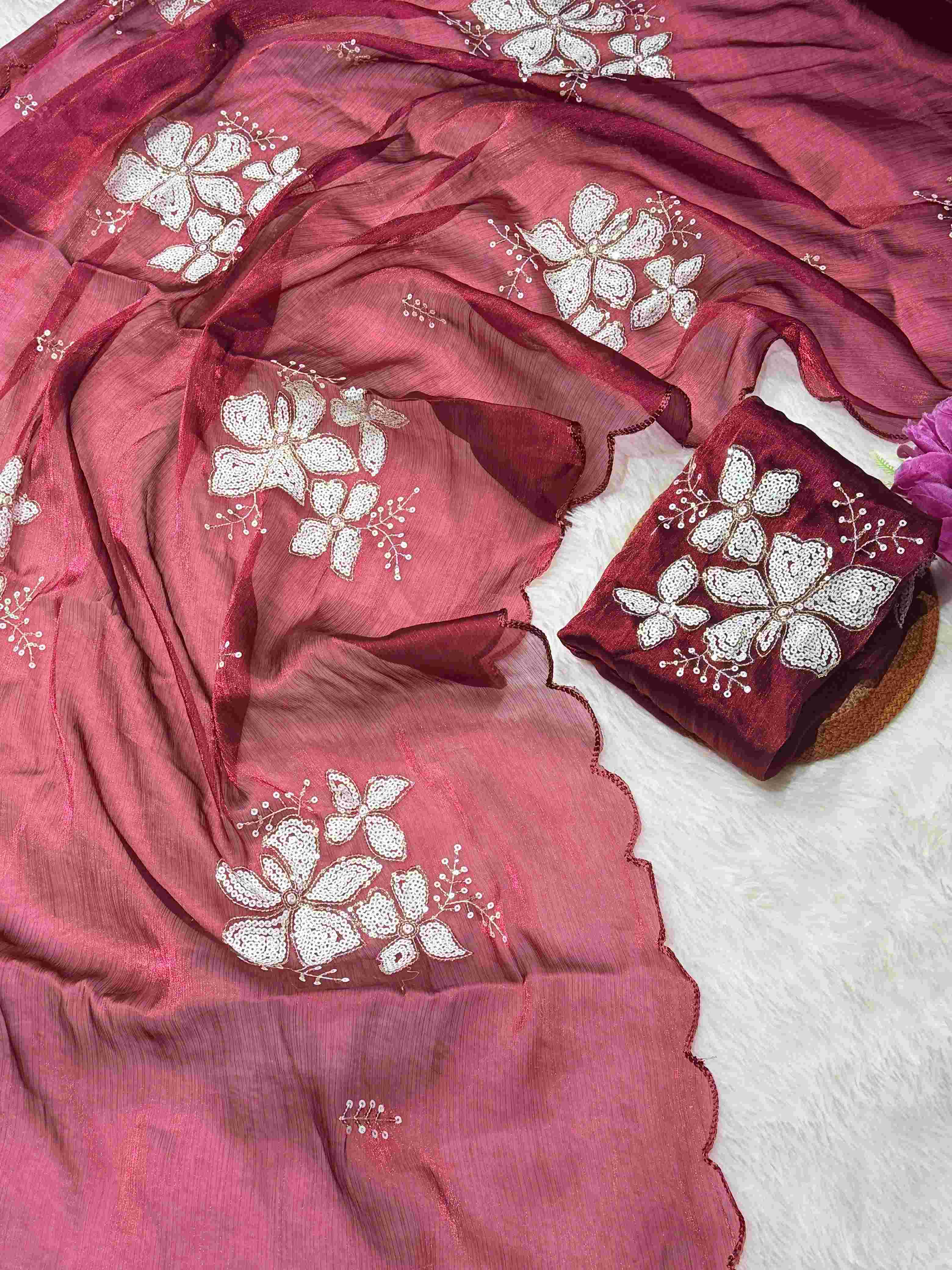 Embroidered Sequence Work Pure Jimmy Choo Satin Saree With Stitched Blouse