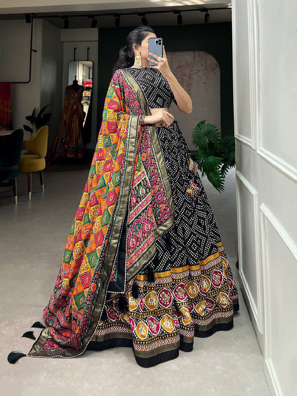 Patola Printed with Foil Work Tussar silk Lehenga With Unstitched Blouse