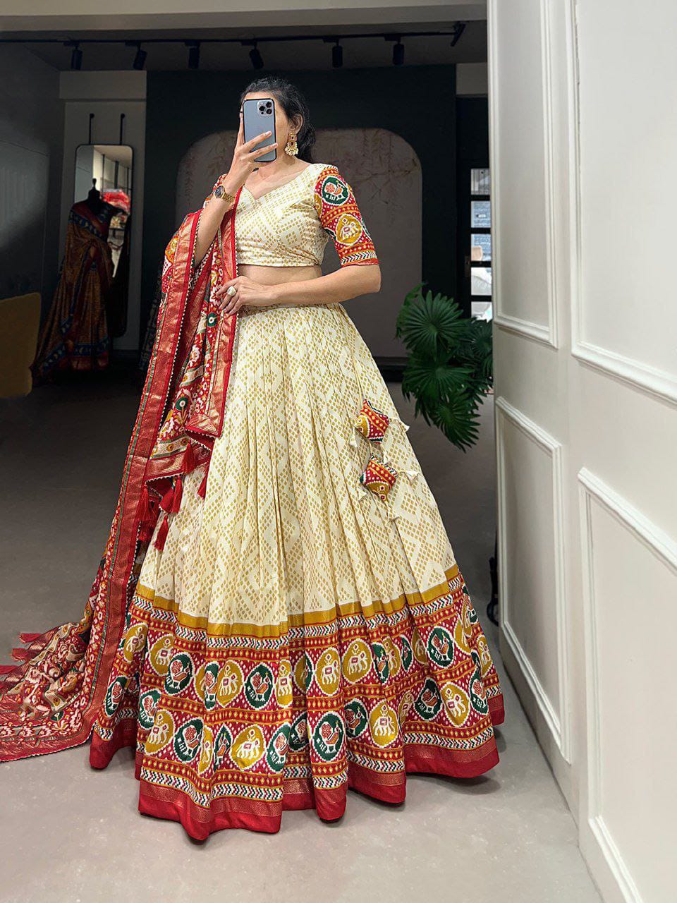 Patola Printed with Foil Work Tussar silk Lehenga With Unstitched Blouse