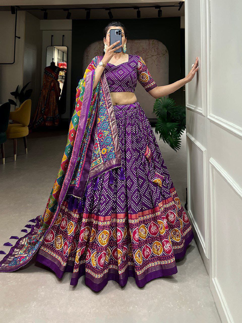 Patola Printed with Foil Work Tussar silk Lehenga With Unstitched Blouse