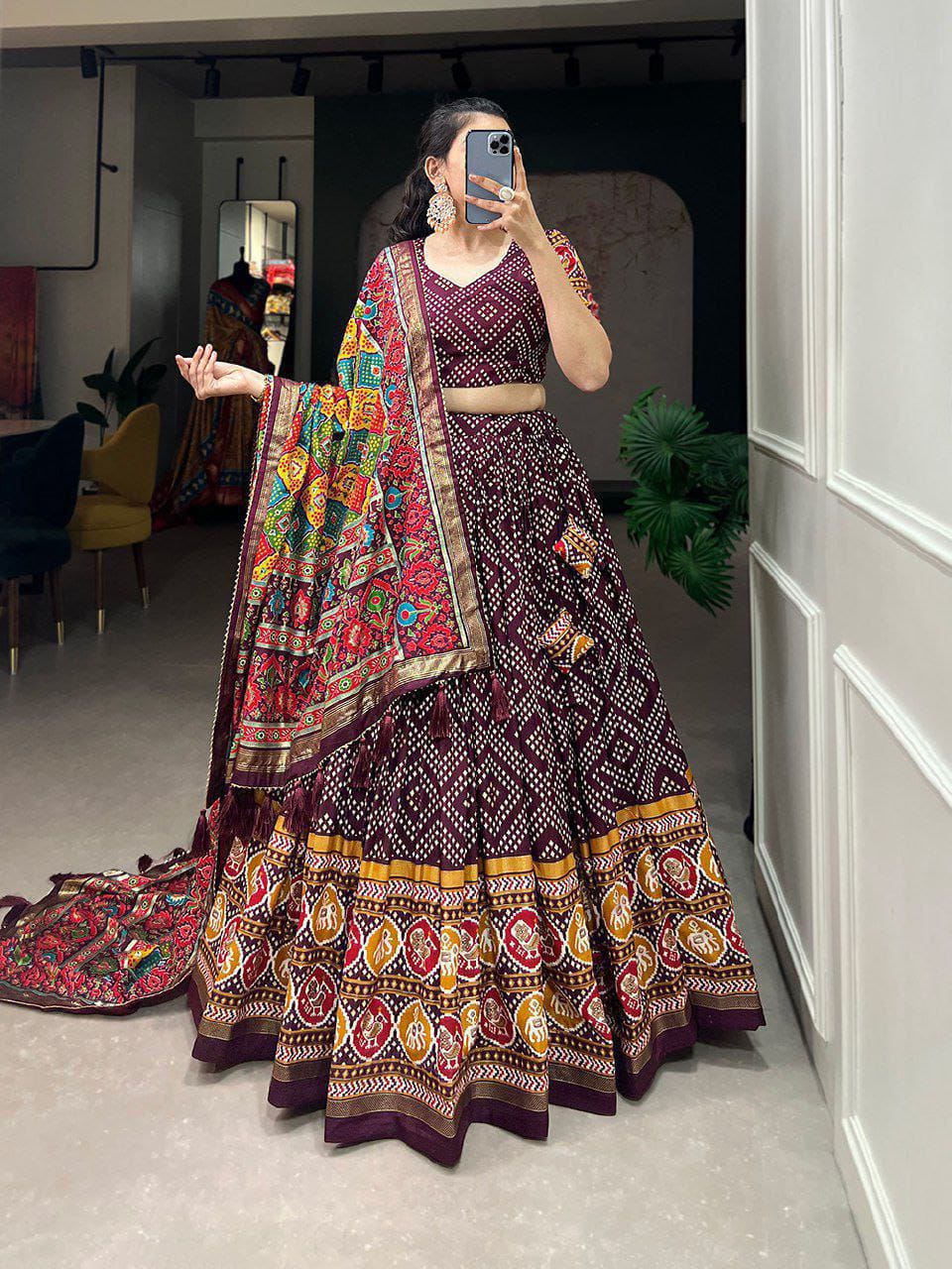 Patola Printed with Foil Work Tussar silk Lehenga With Unstitched Blouse